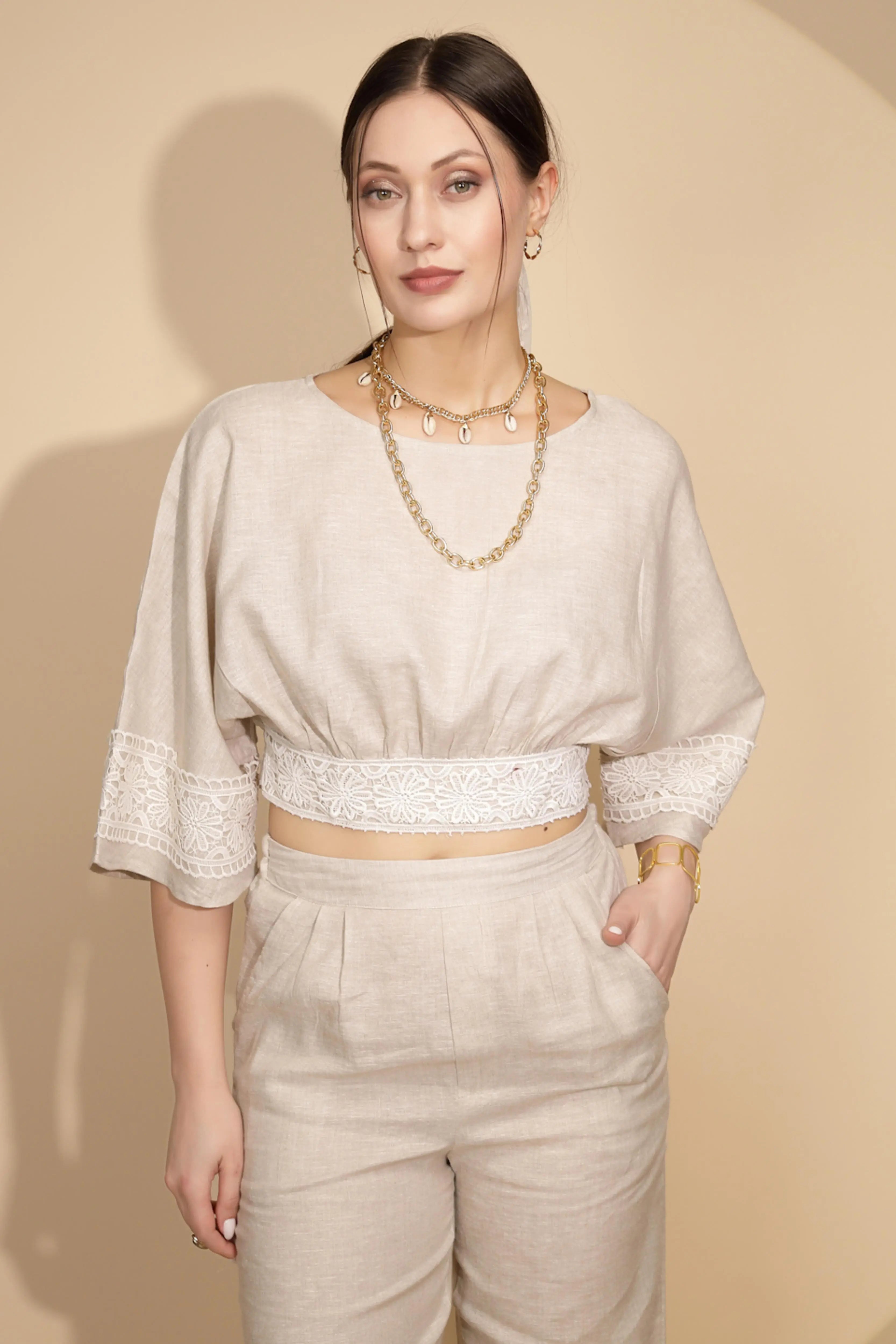 Beige Linen Regular Fit Blouson Top For Women - Global Republic