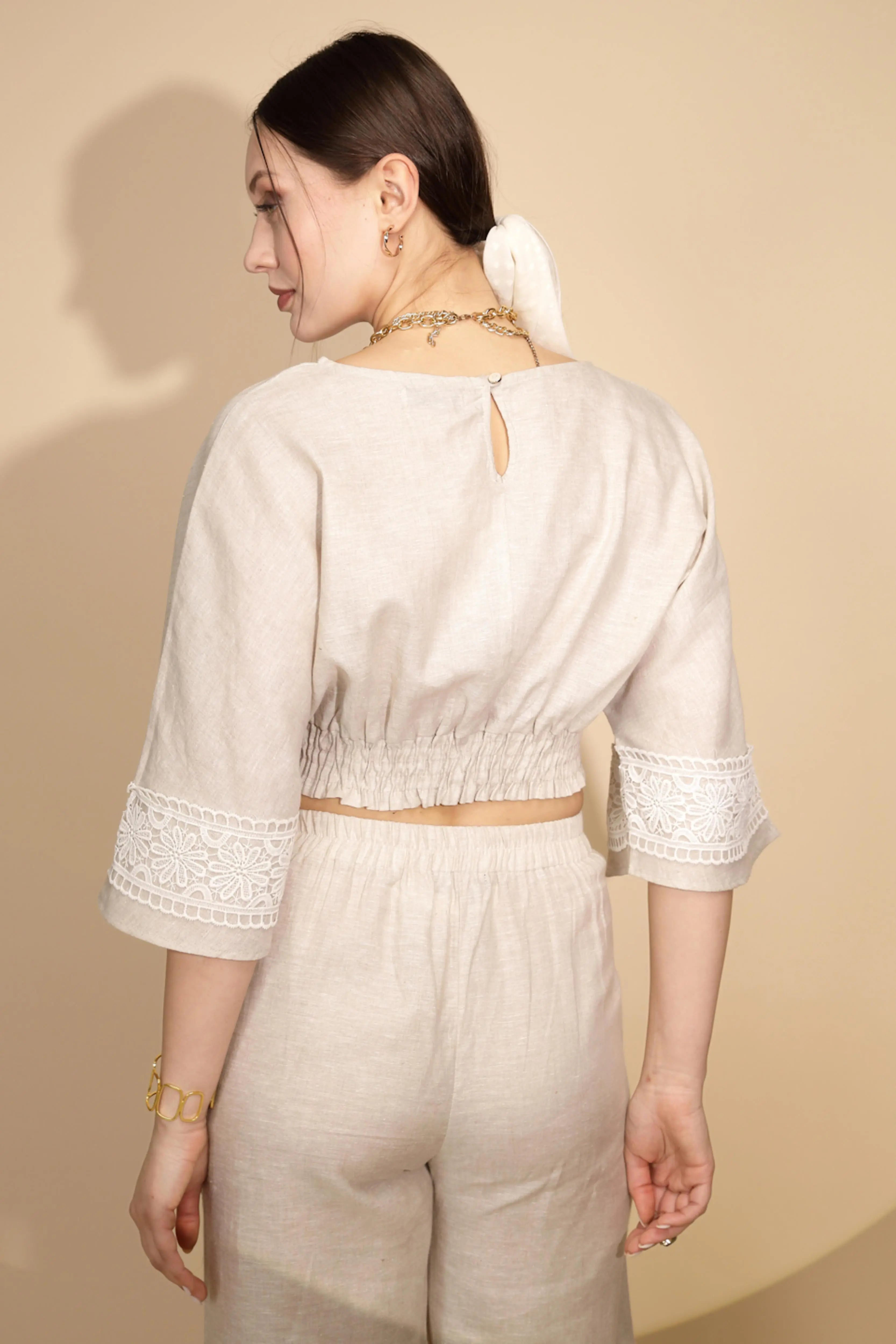 Beige Linen Regular Fit Blouson Top For Women - Global Republic