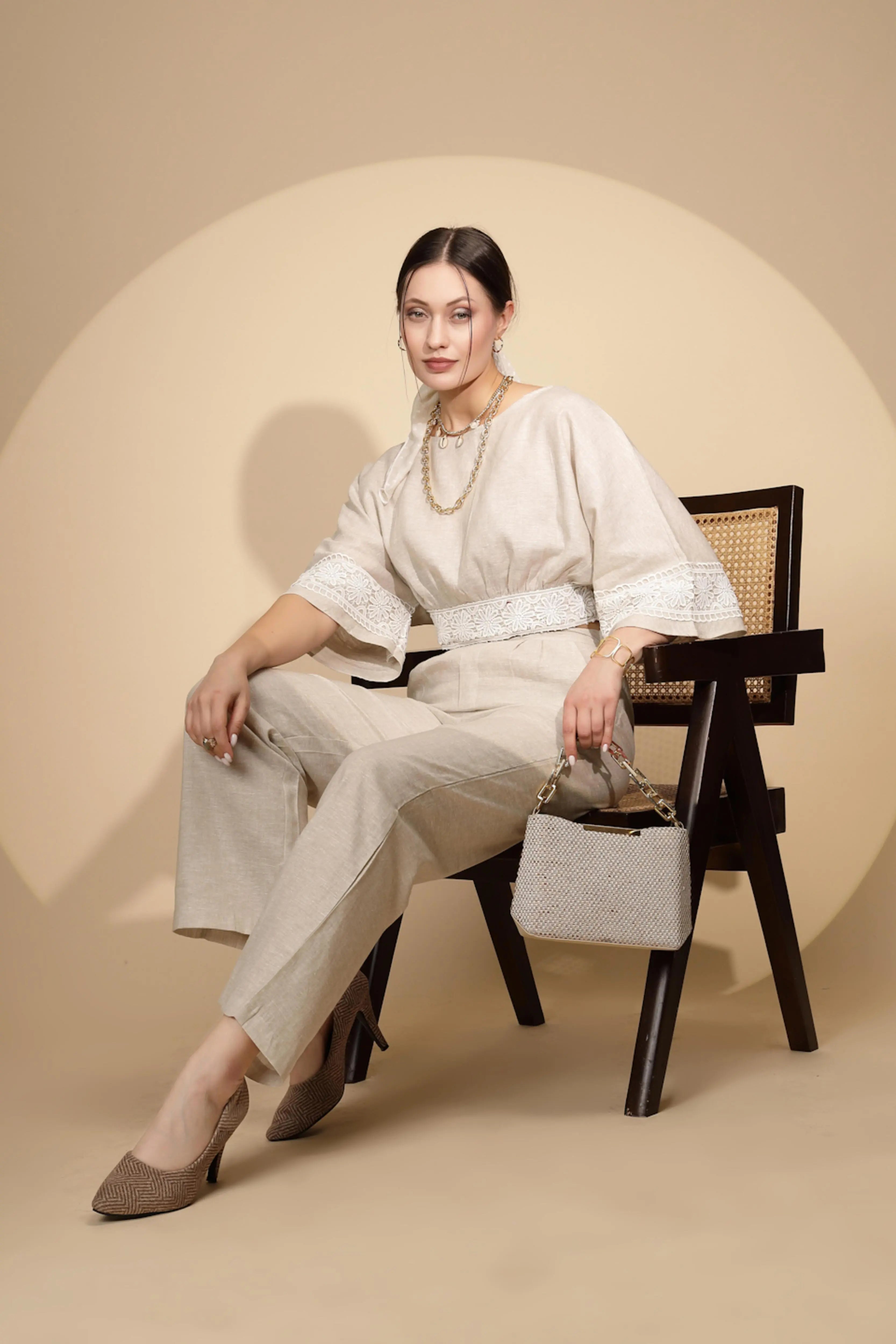 Beige Linen Regular Fit Blouson Top For - Global Republic
