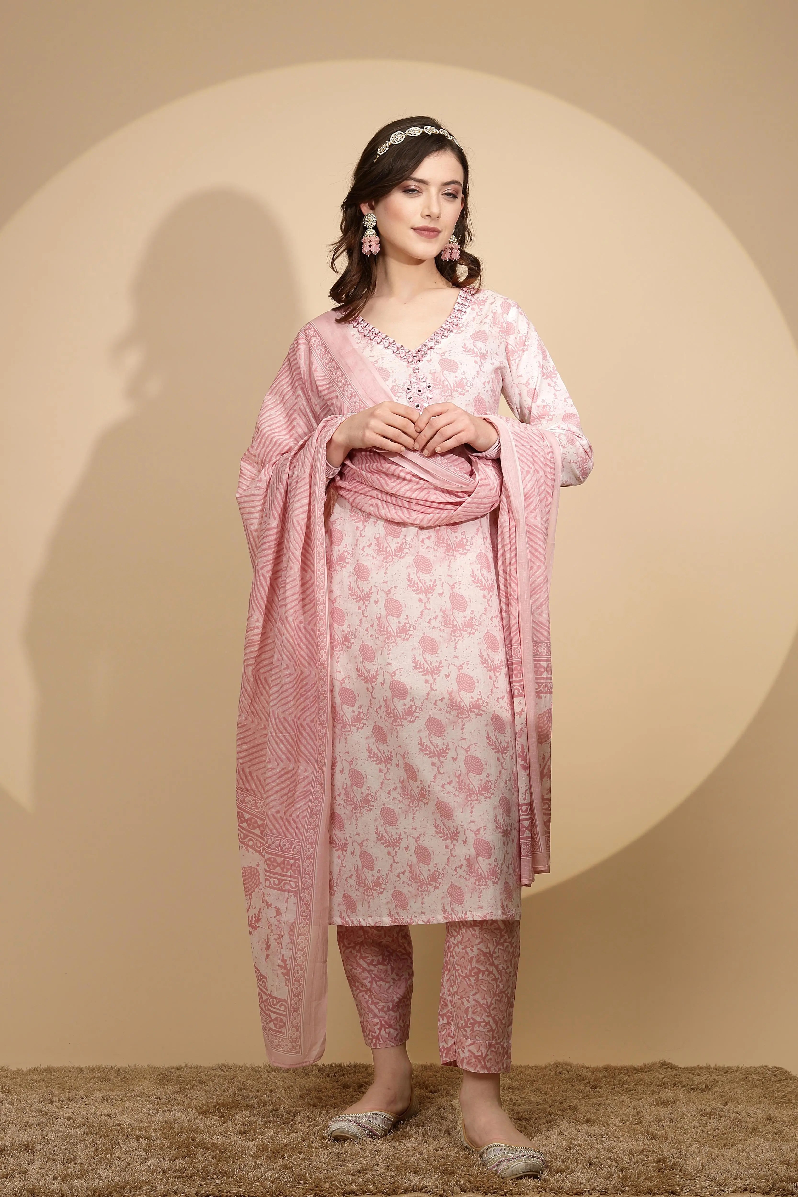 Pink Cotton Regular Fit Suit Set For Women - Global Republic