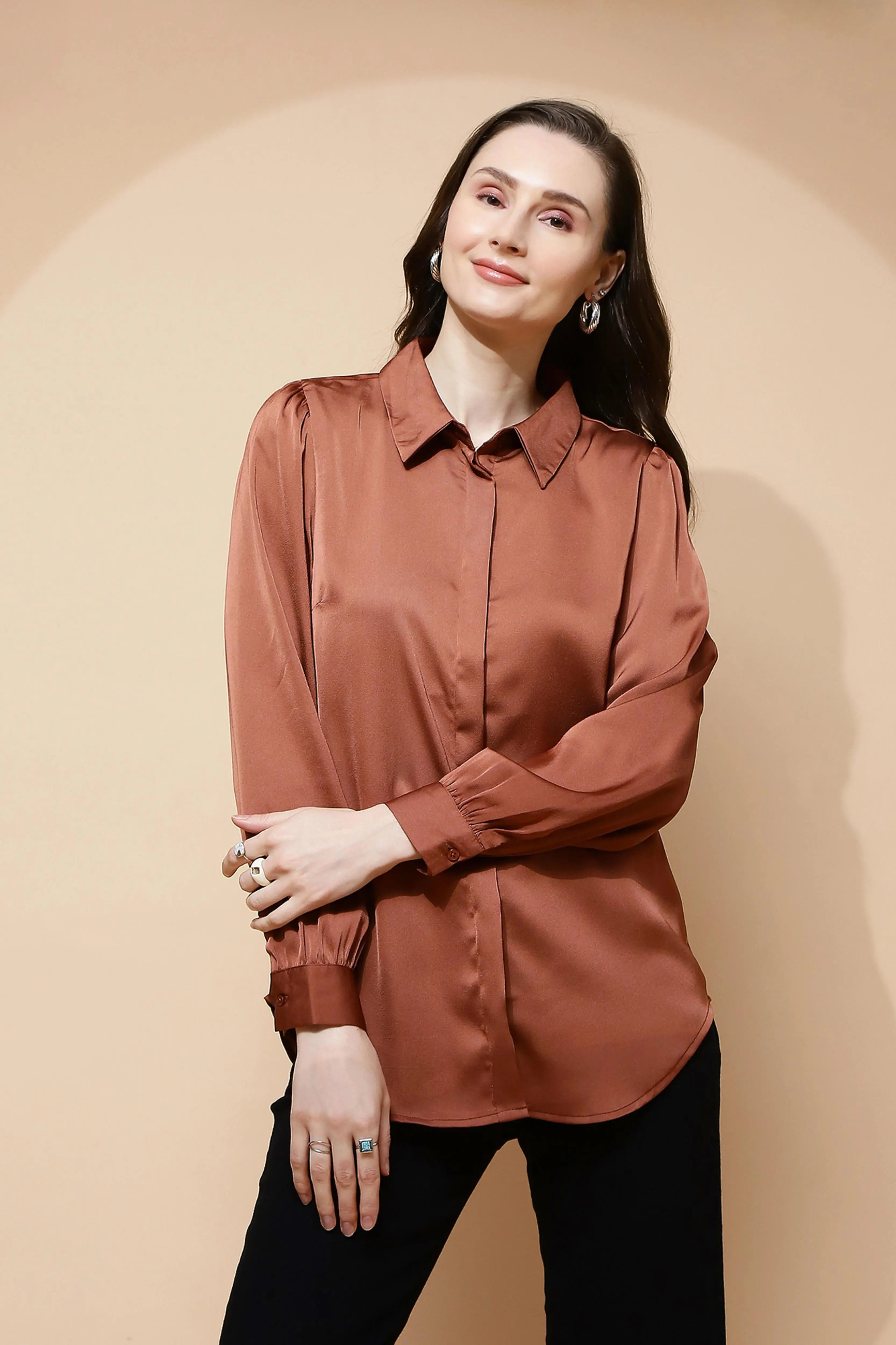 Brown Satin Tailored Fit Shirt - Global Republic