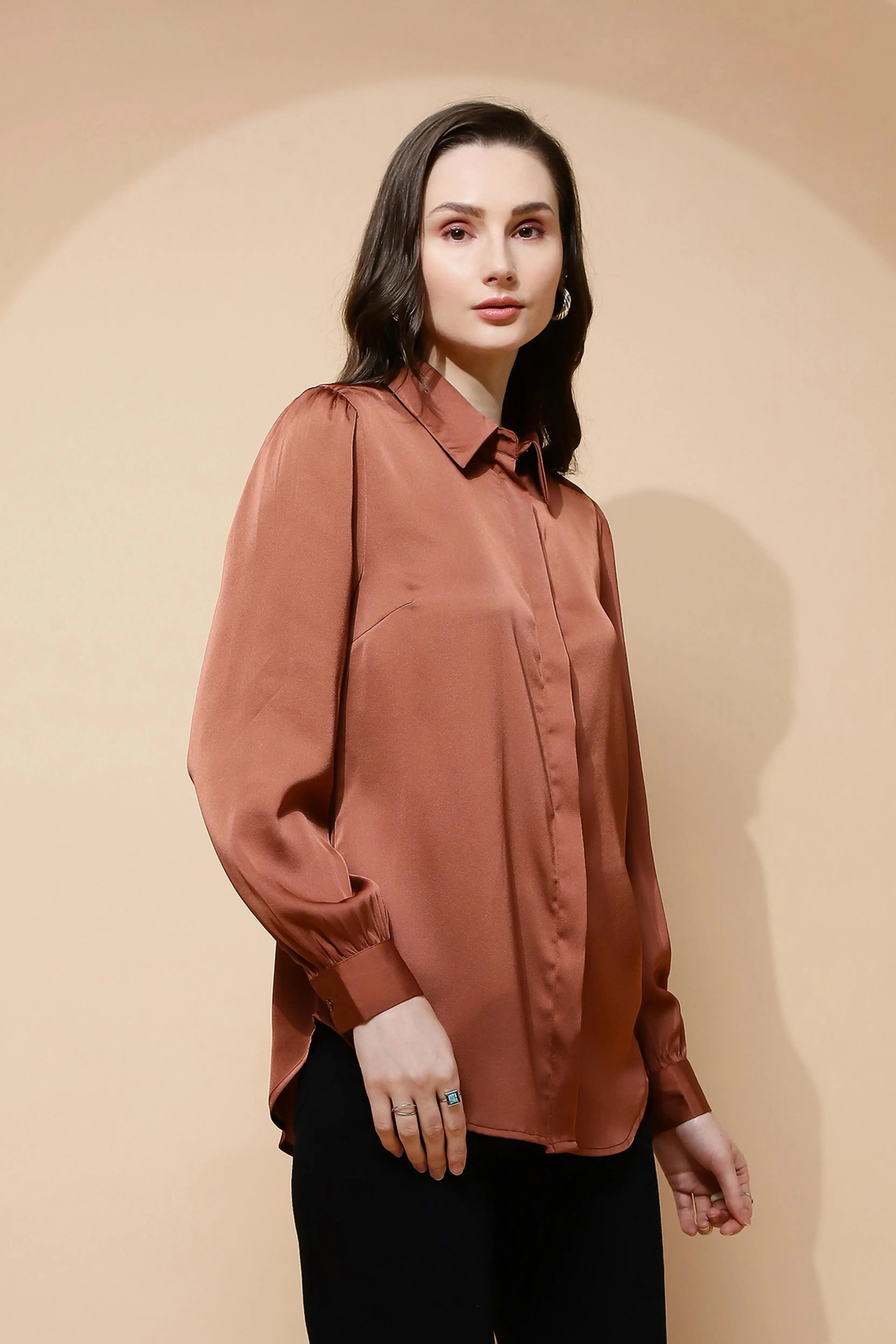 Brown Satin Tailored Fit Shirt - Global Republic