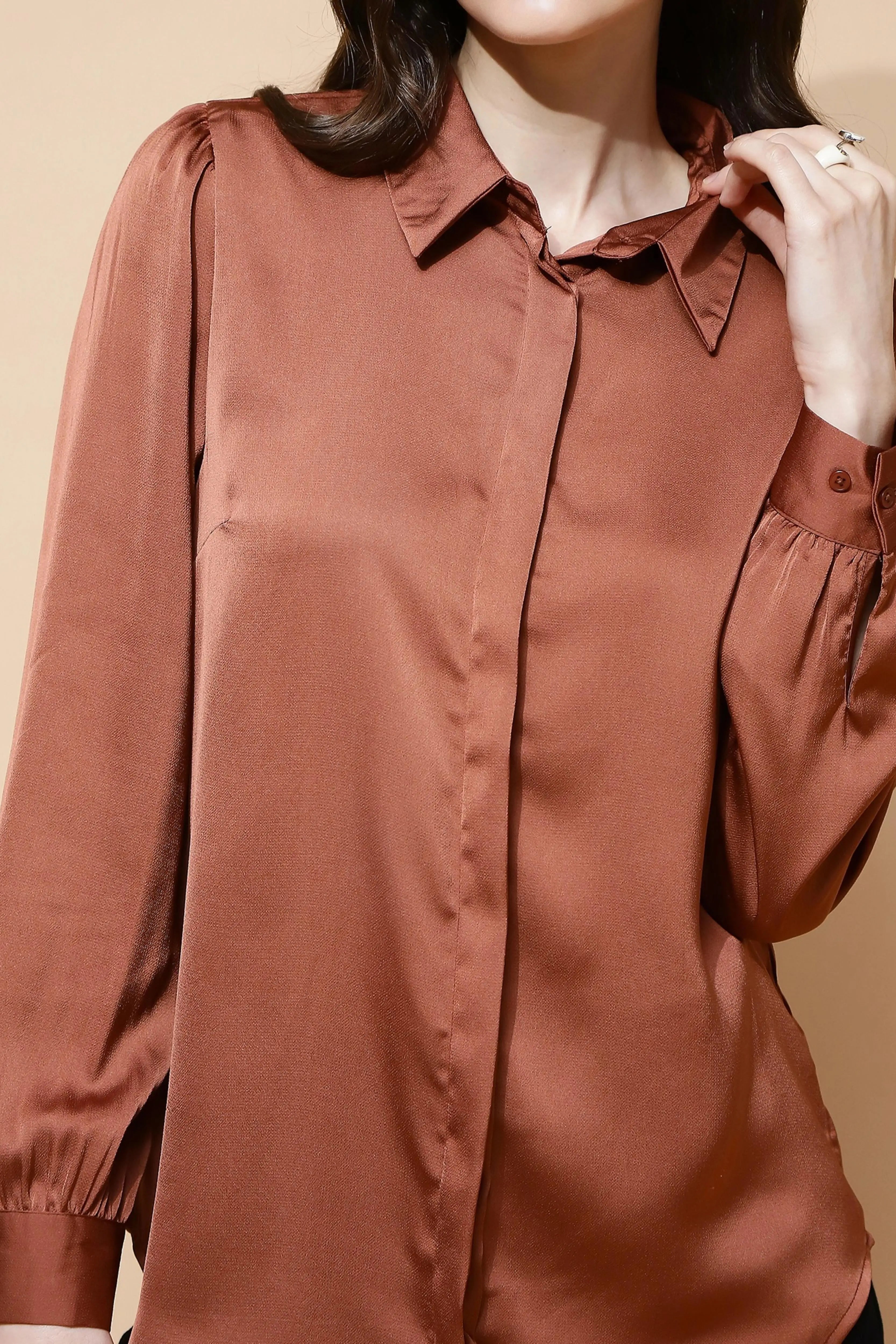Brown Satin Tailored Fit Shirt - Global Republic