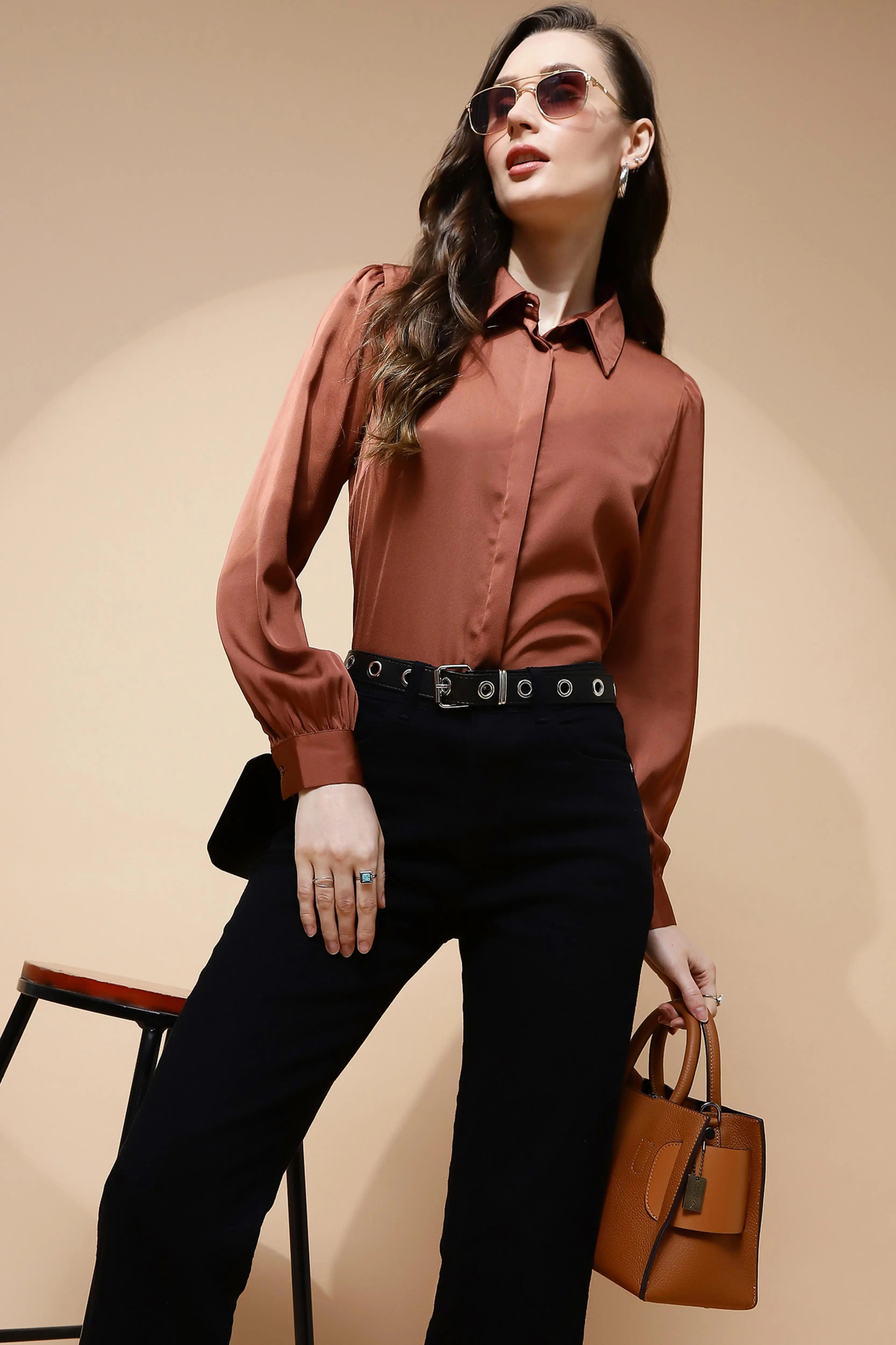 Brown Satin Tailored Fit Shirt - Global Republic