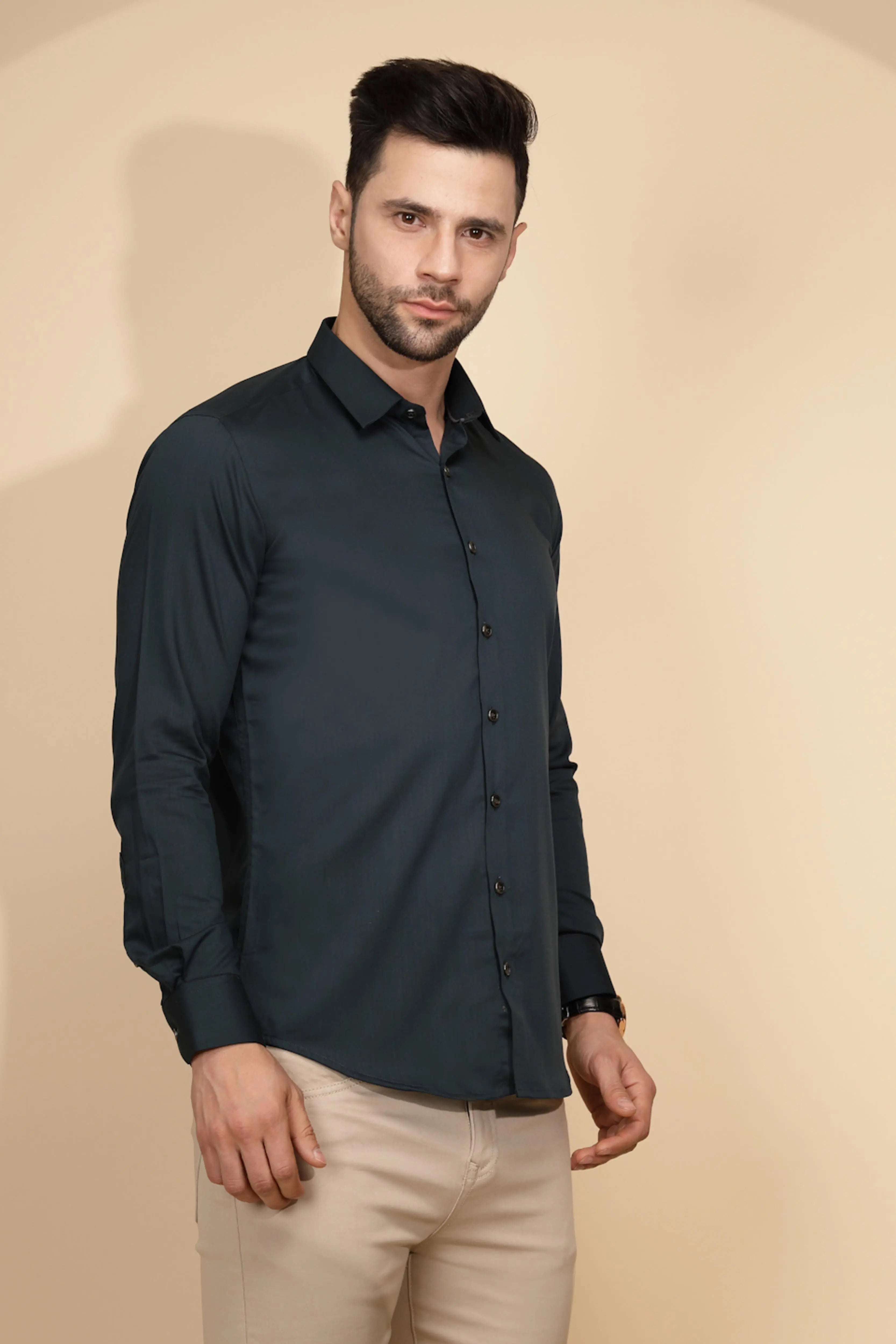 Teal Cotton Blend Regular Fit Shirt For Men - Global Republic