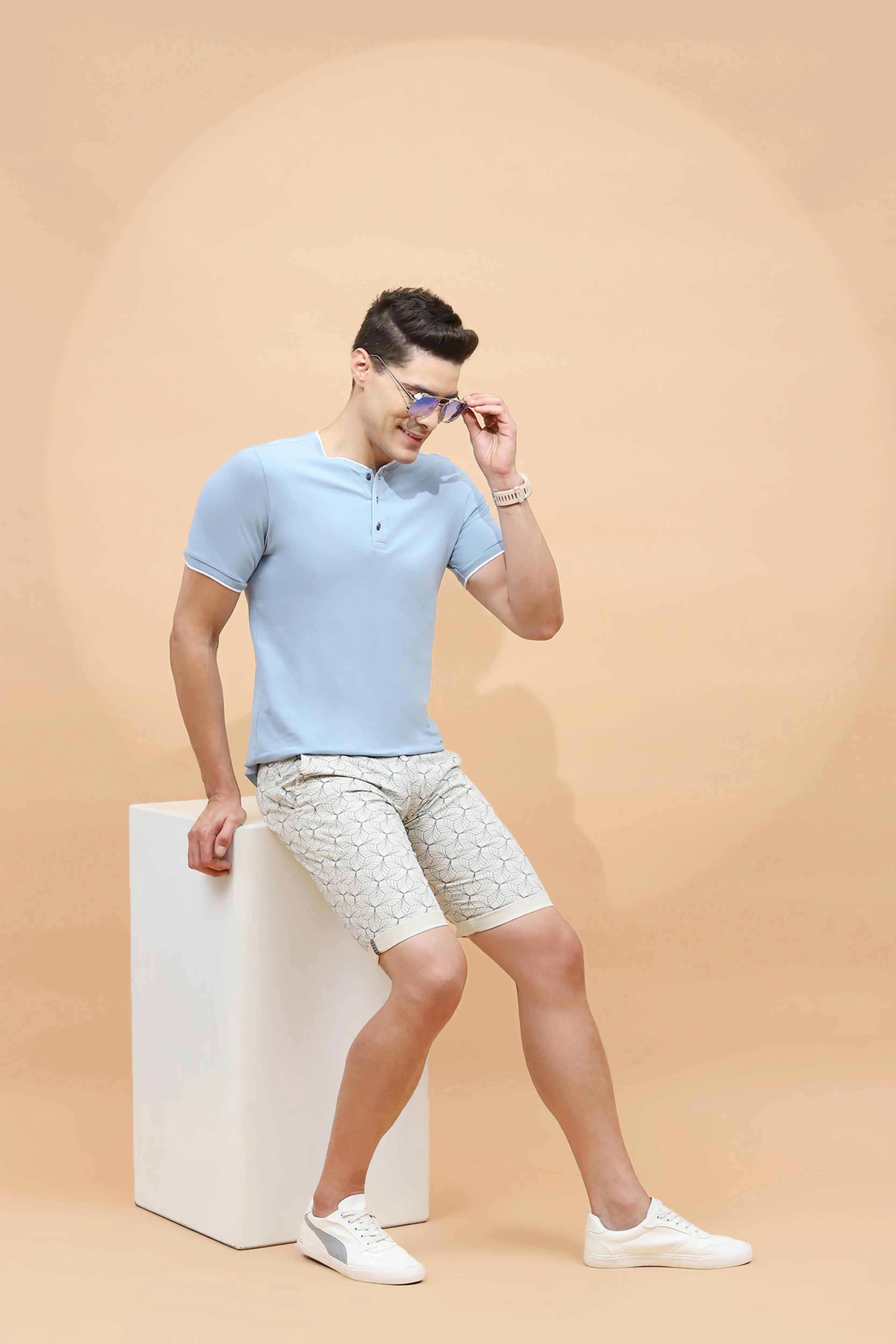 Ecru Cotton Blend Regular Fit Shorts - Global Republic