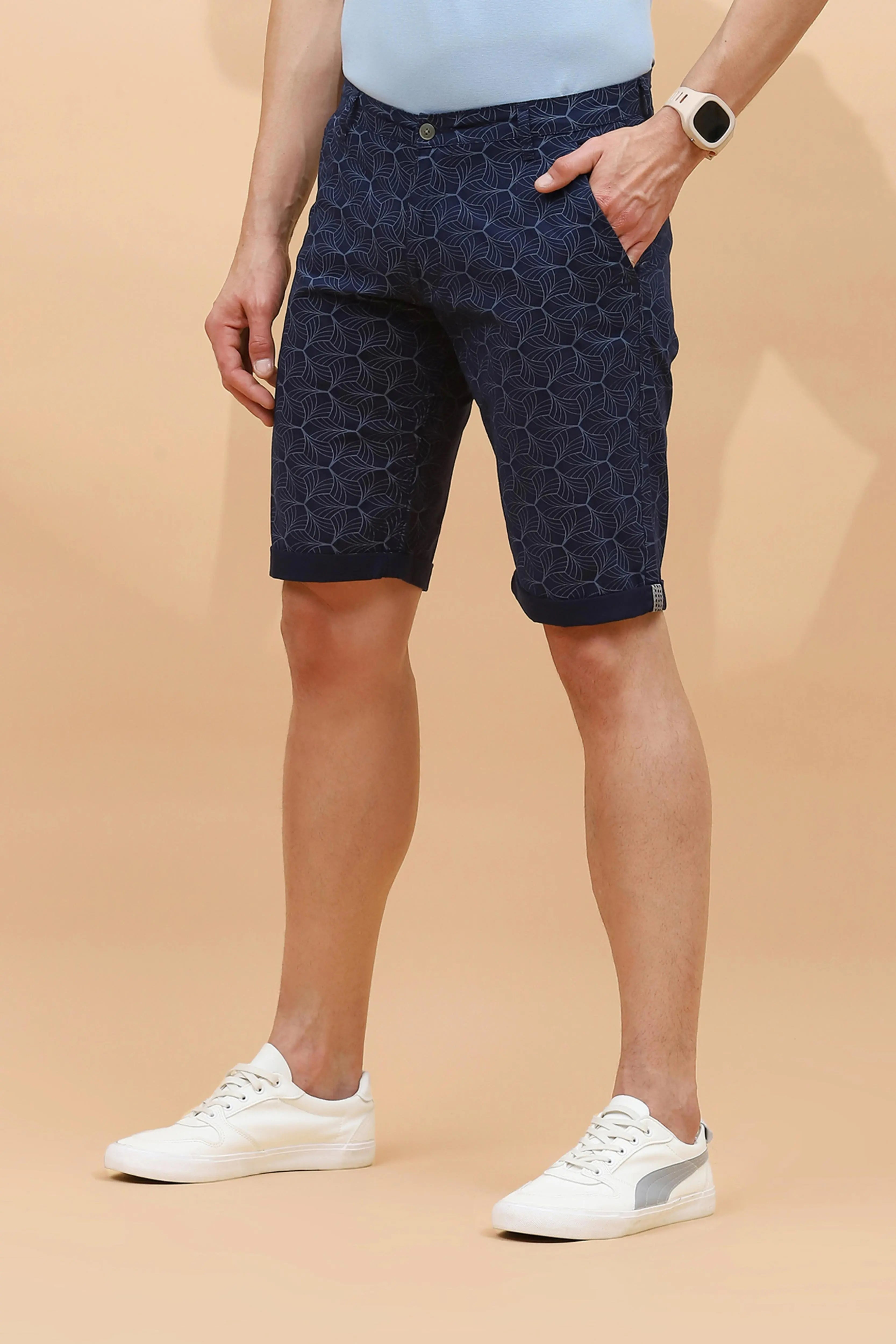 Navy Print Cotton Blend Regular Fit Shorts For Men - Global Republic