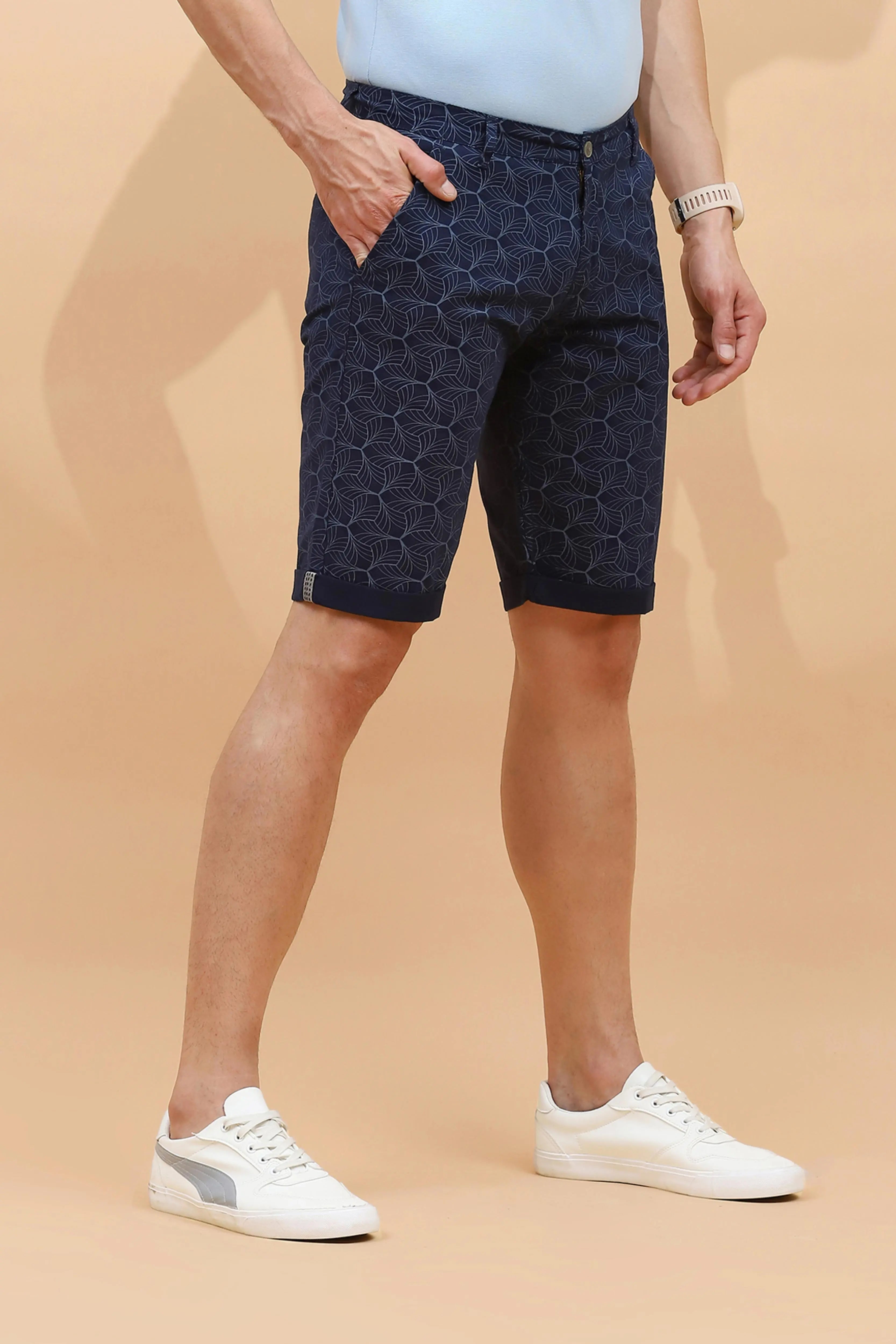 Navy Print Cotton Blend Regular Fit Shorts For Men - Global Republic