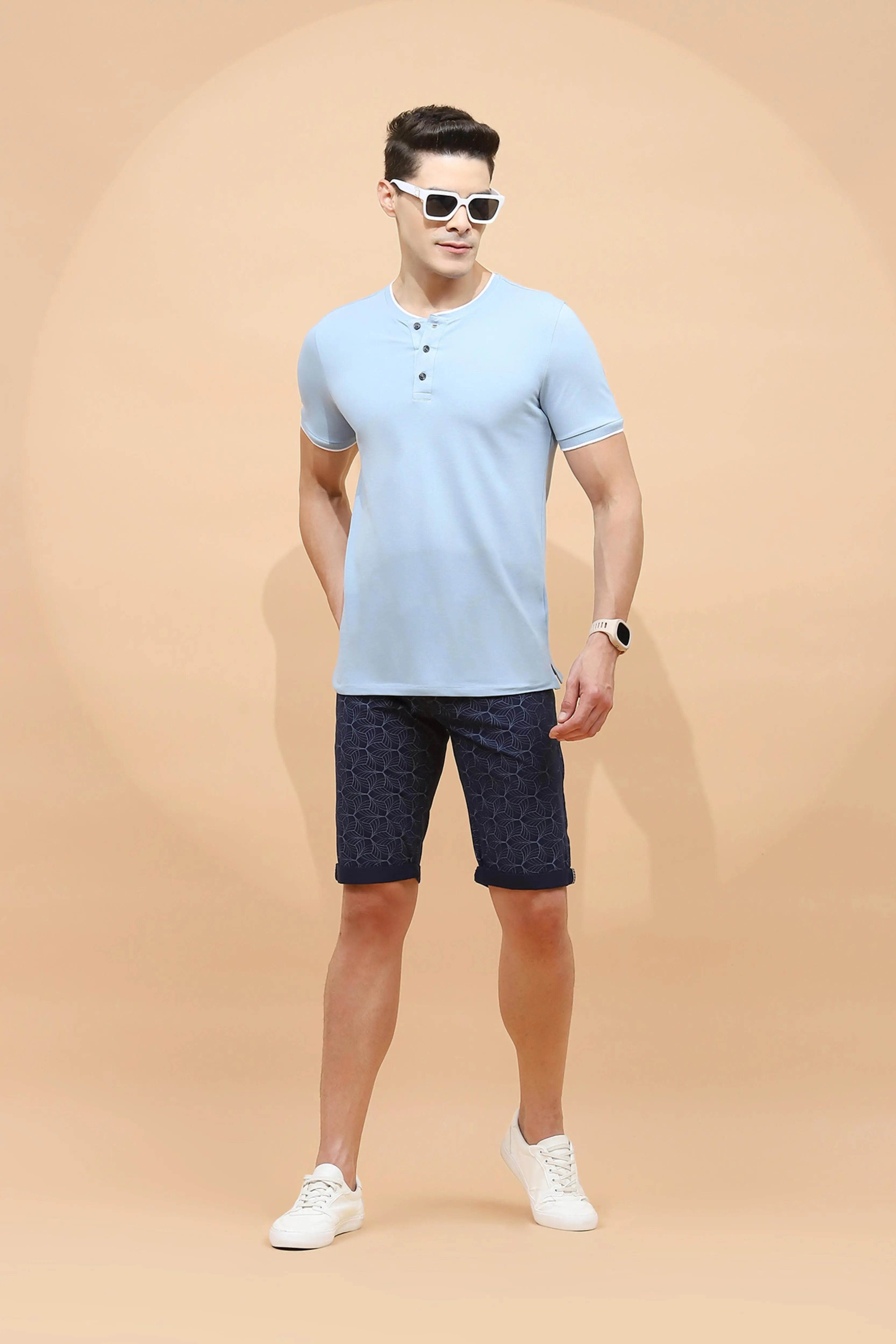 Navy Print Cotton Blend Shorts - Global Republic