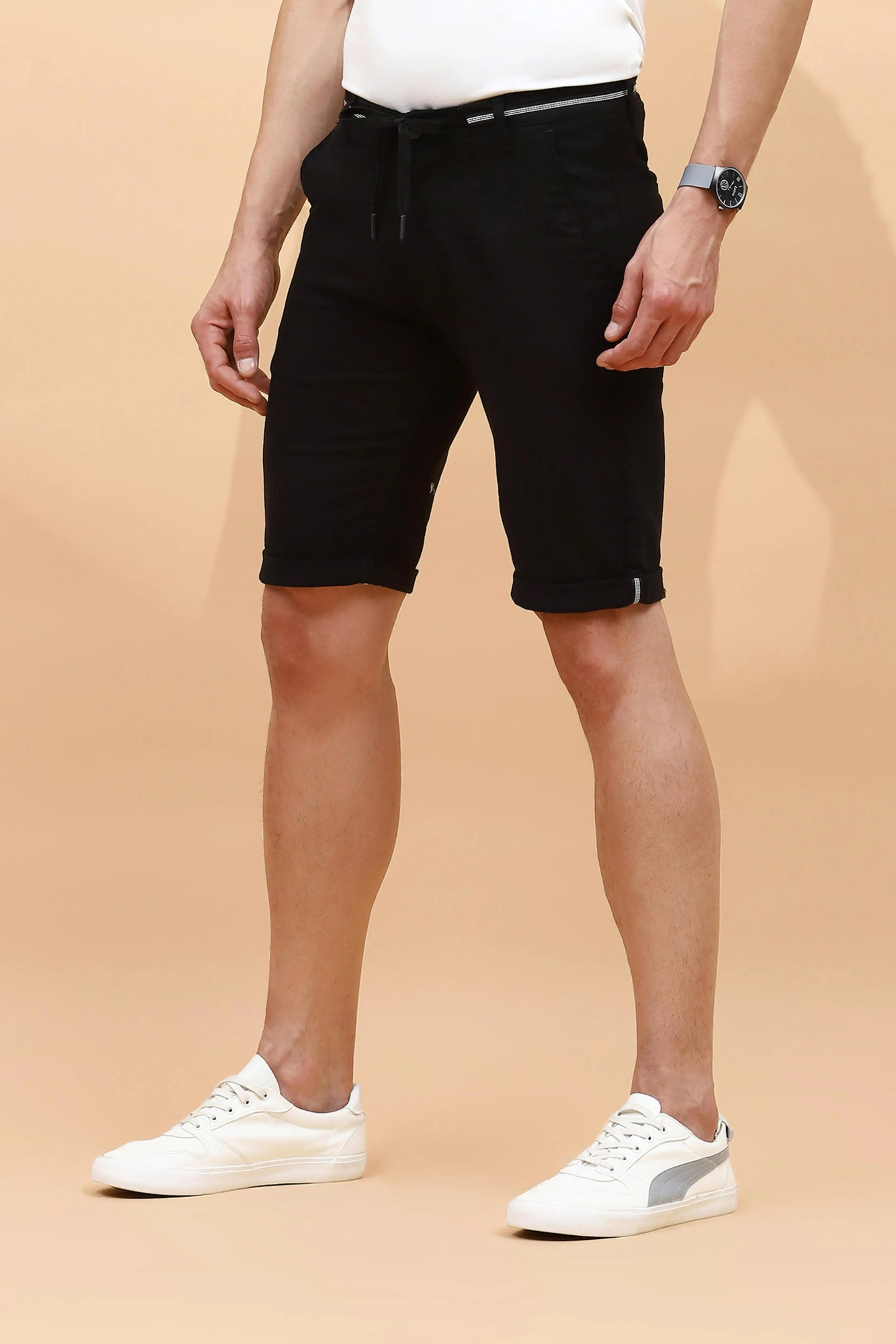 Black Cotton Blend Regular Fit Shorts For Men - Global Republic