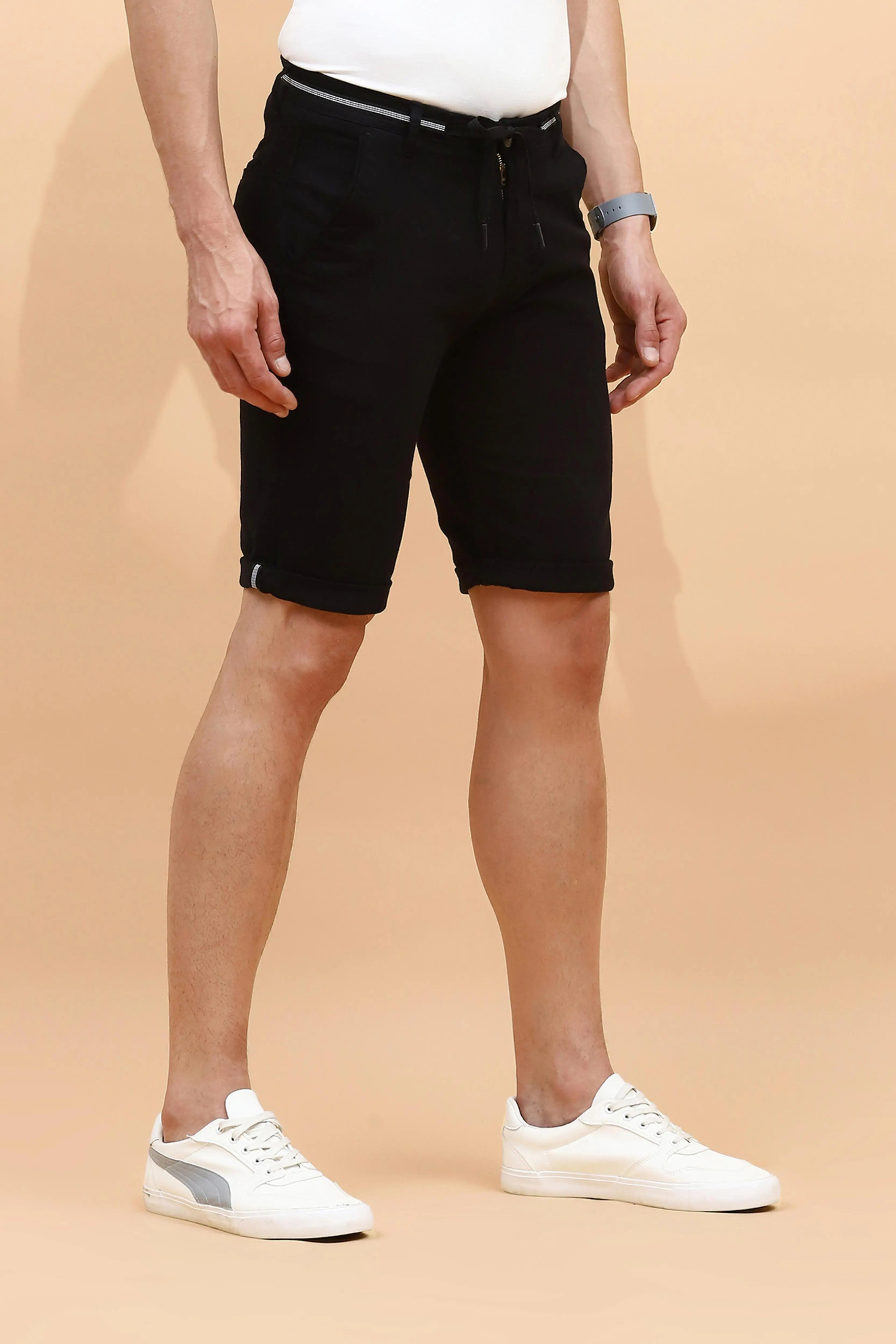 Black Cotton Blend Regular Fit Shorts For Men - Global Republic