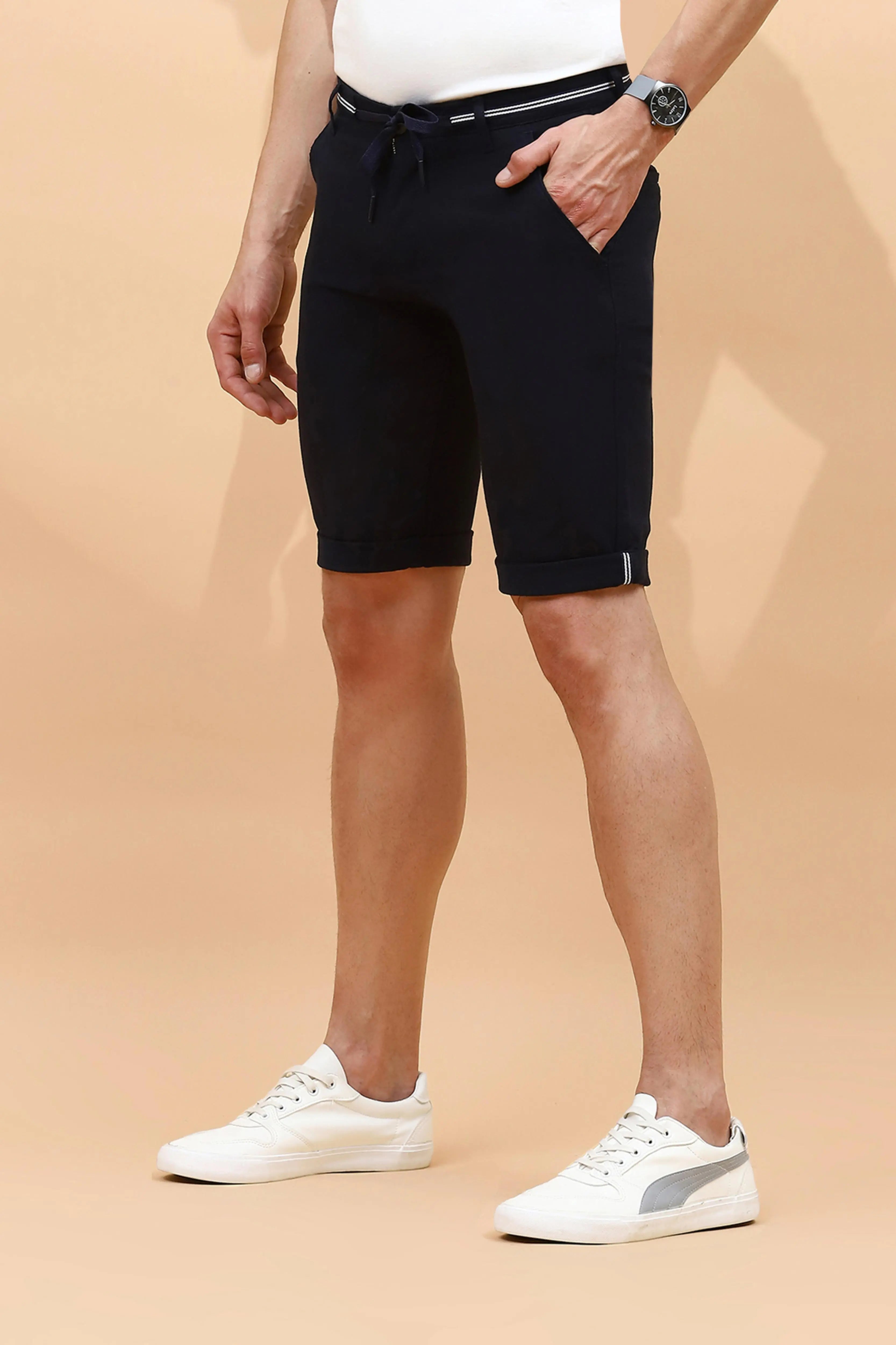 Navy Cotton Blend Regular Fit Shorts For Men - Global Republic