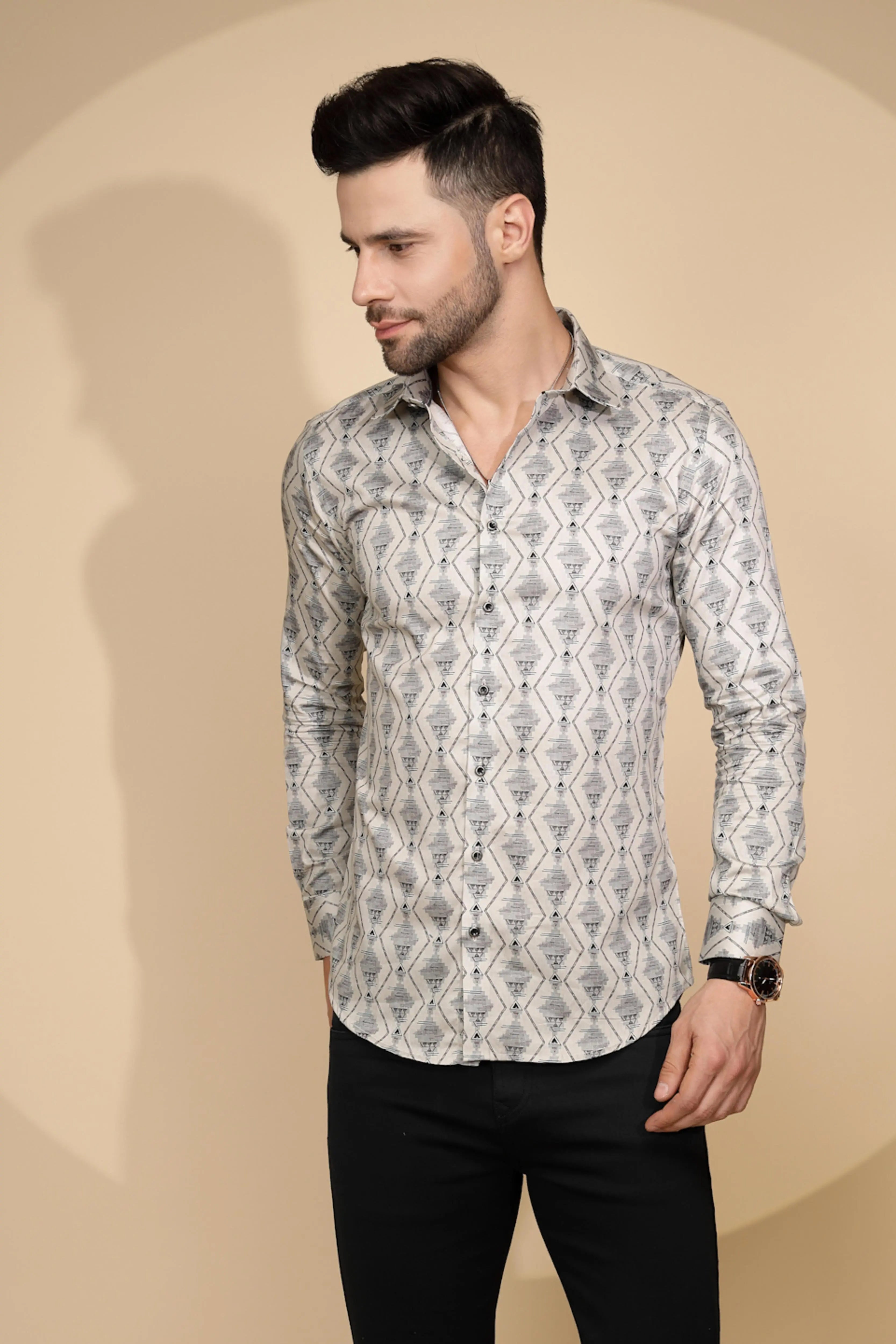 Ecru Aztec Cotton Regular Fit Shirt For Mens - Global Republic