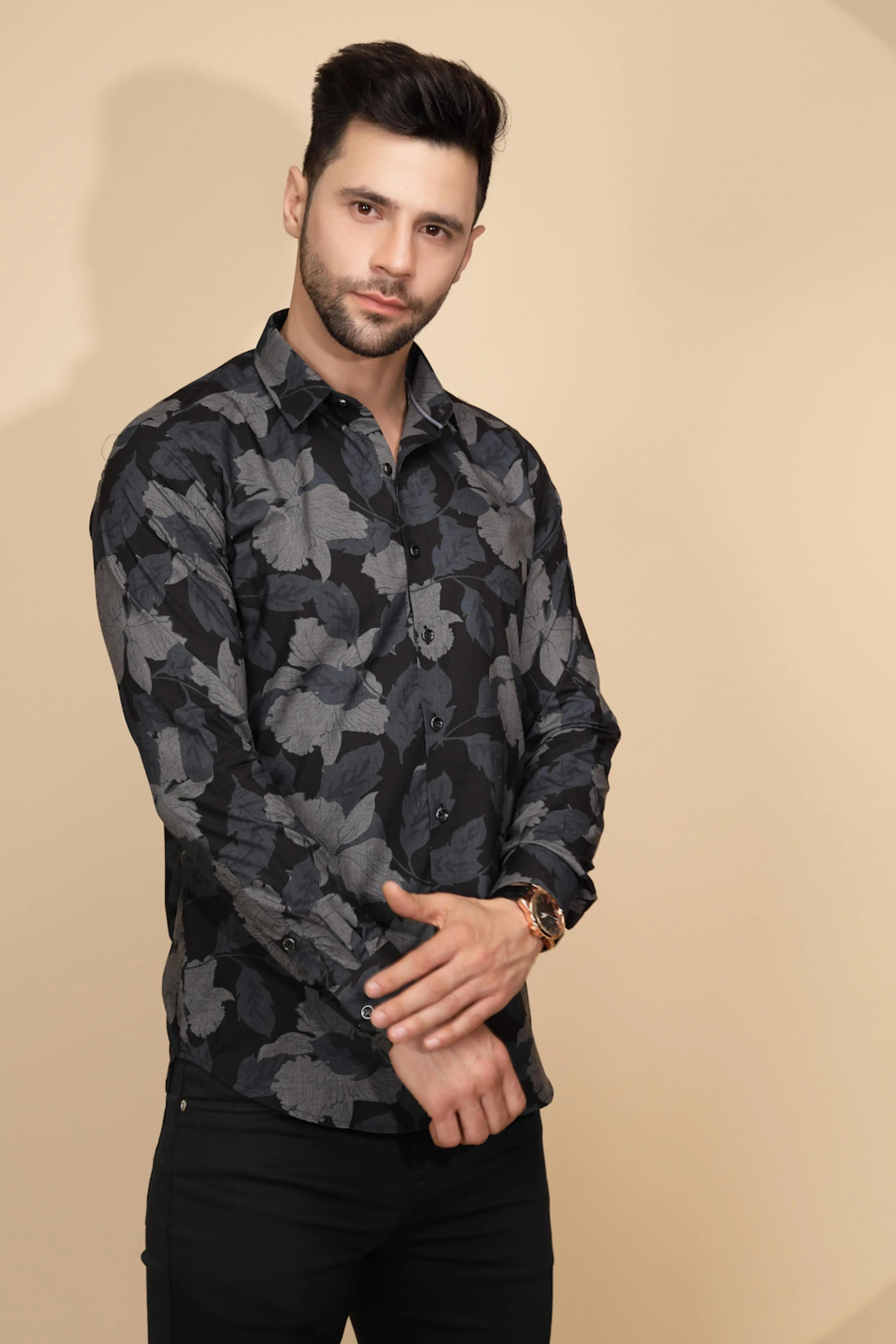 Black Cotton Regular Fit Shirt For Mens - Global Republic