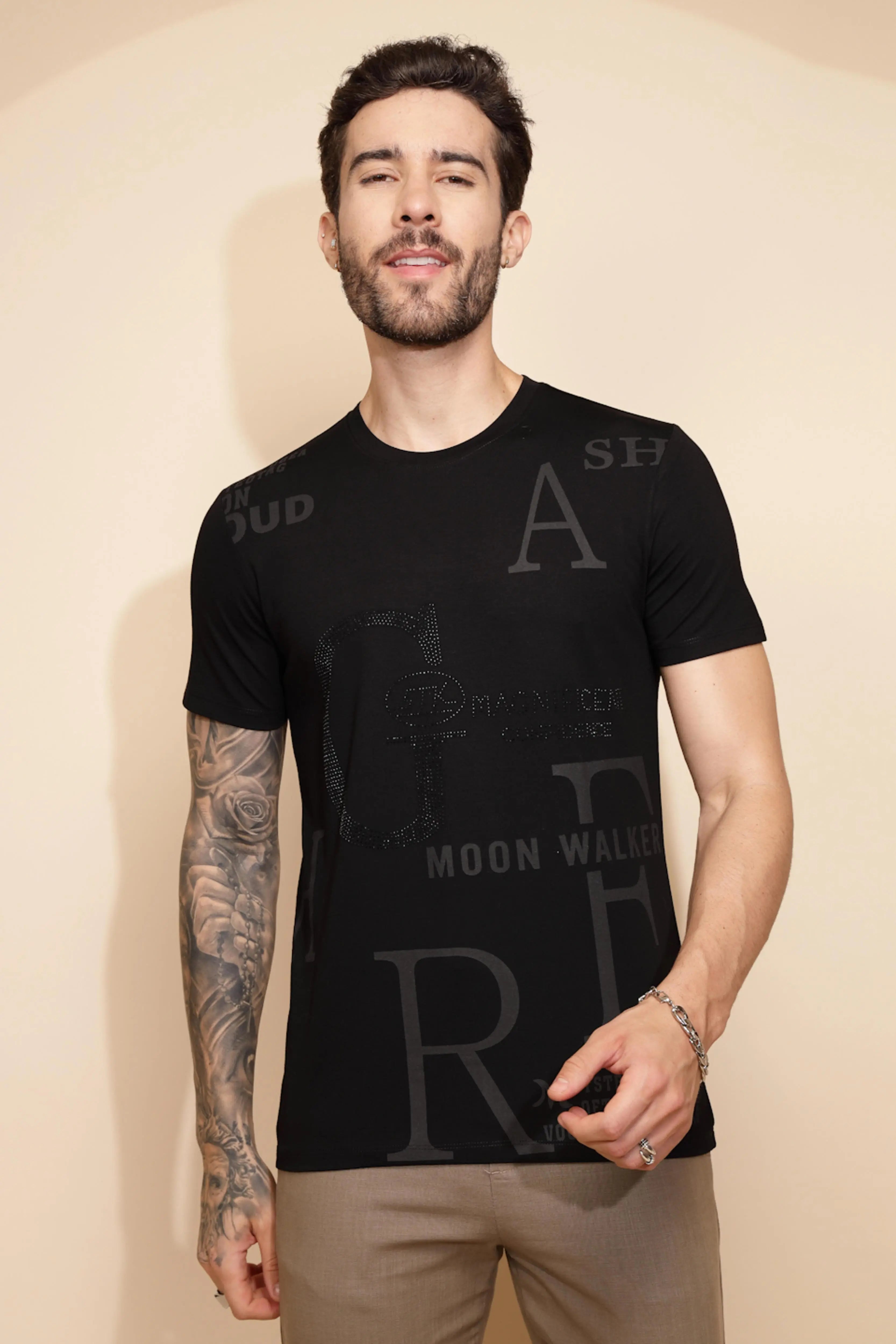 Black Viscose Blend Regular Fit T-Shirt - Global Republic