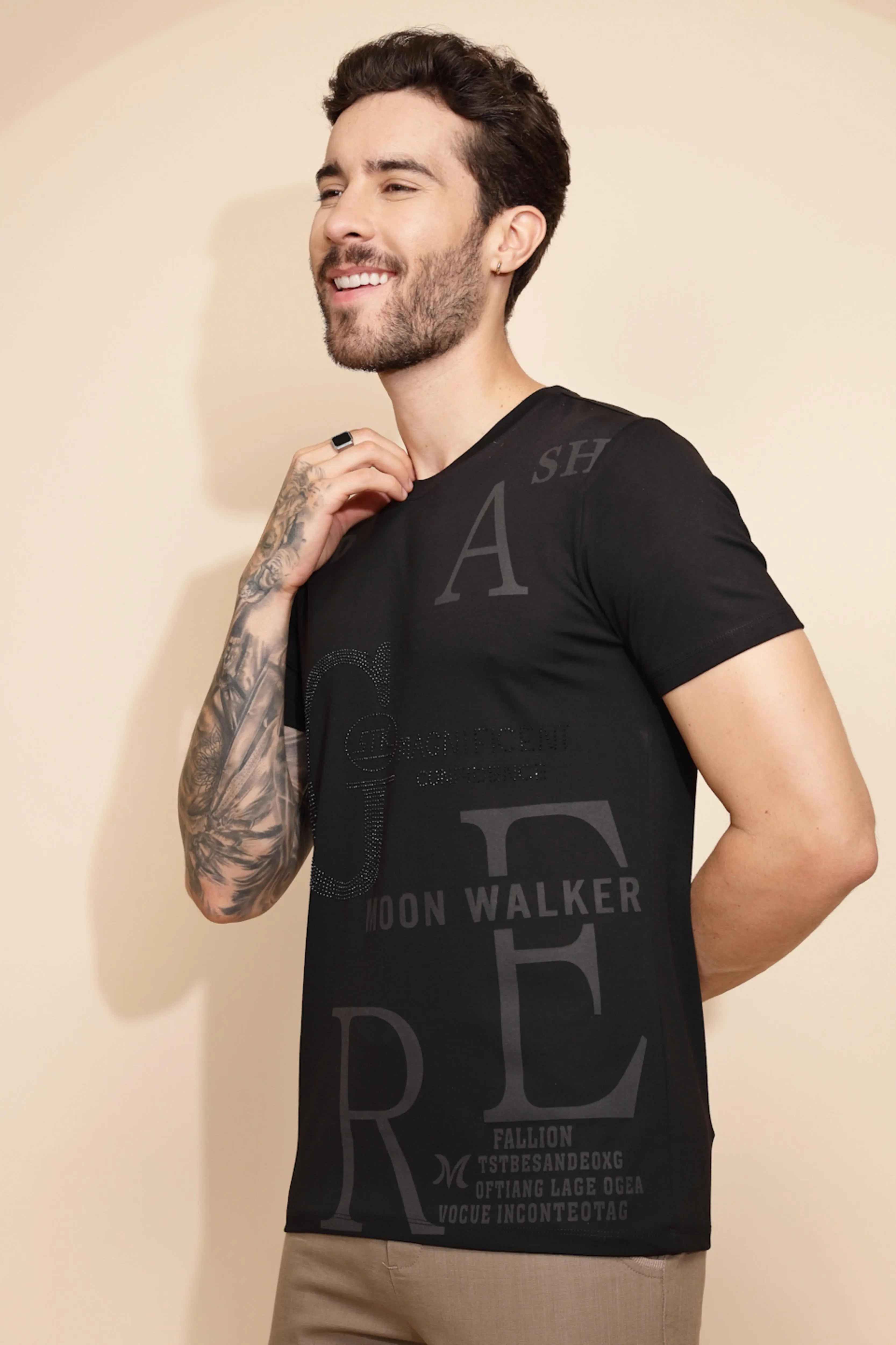 Black Viscose Blend Regular Fit T-Shirt - Global Republic