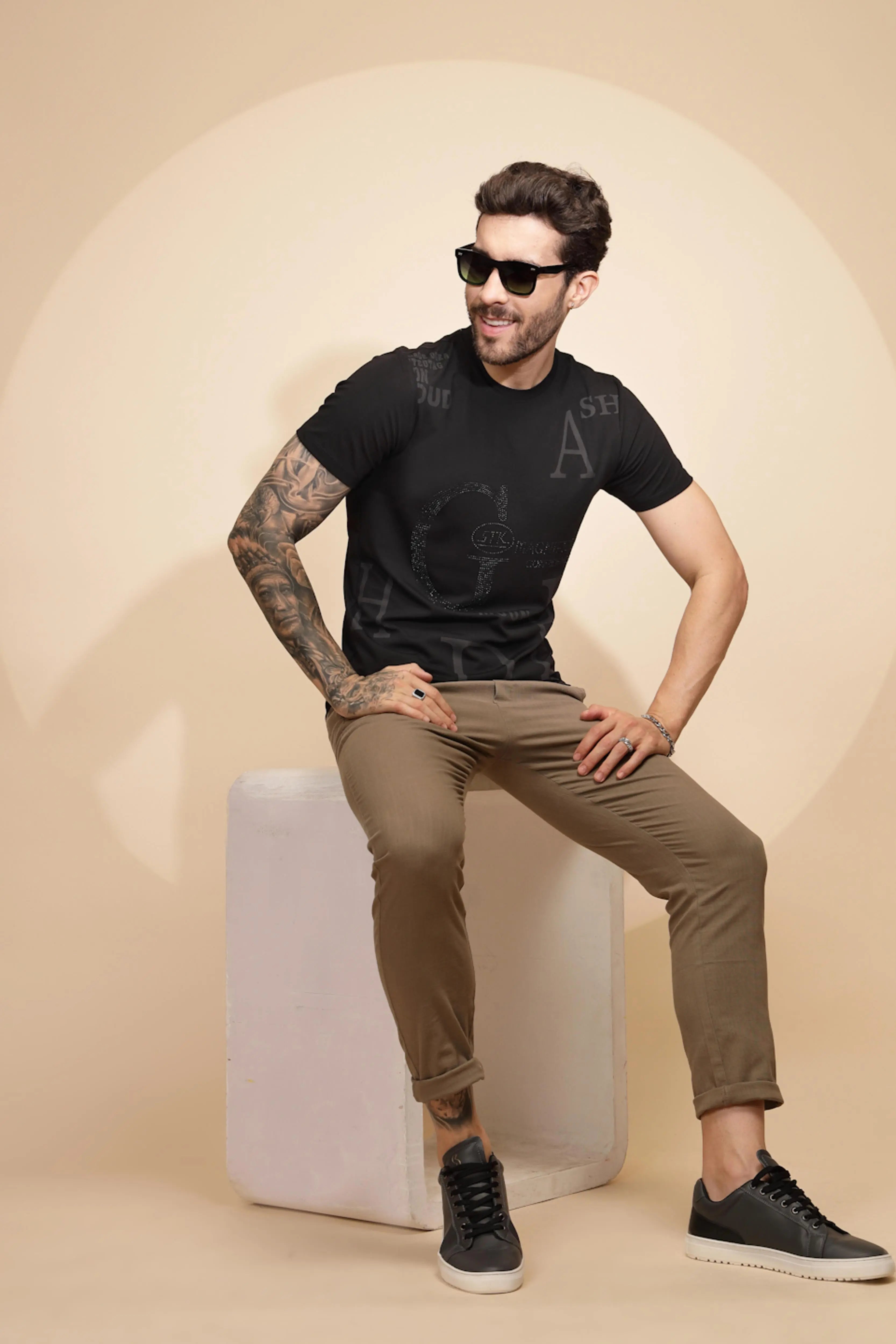 Black Viscose Blend Regular Fit T-Shirt - Global Republic