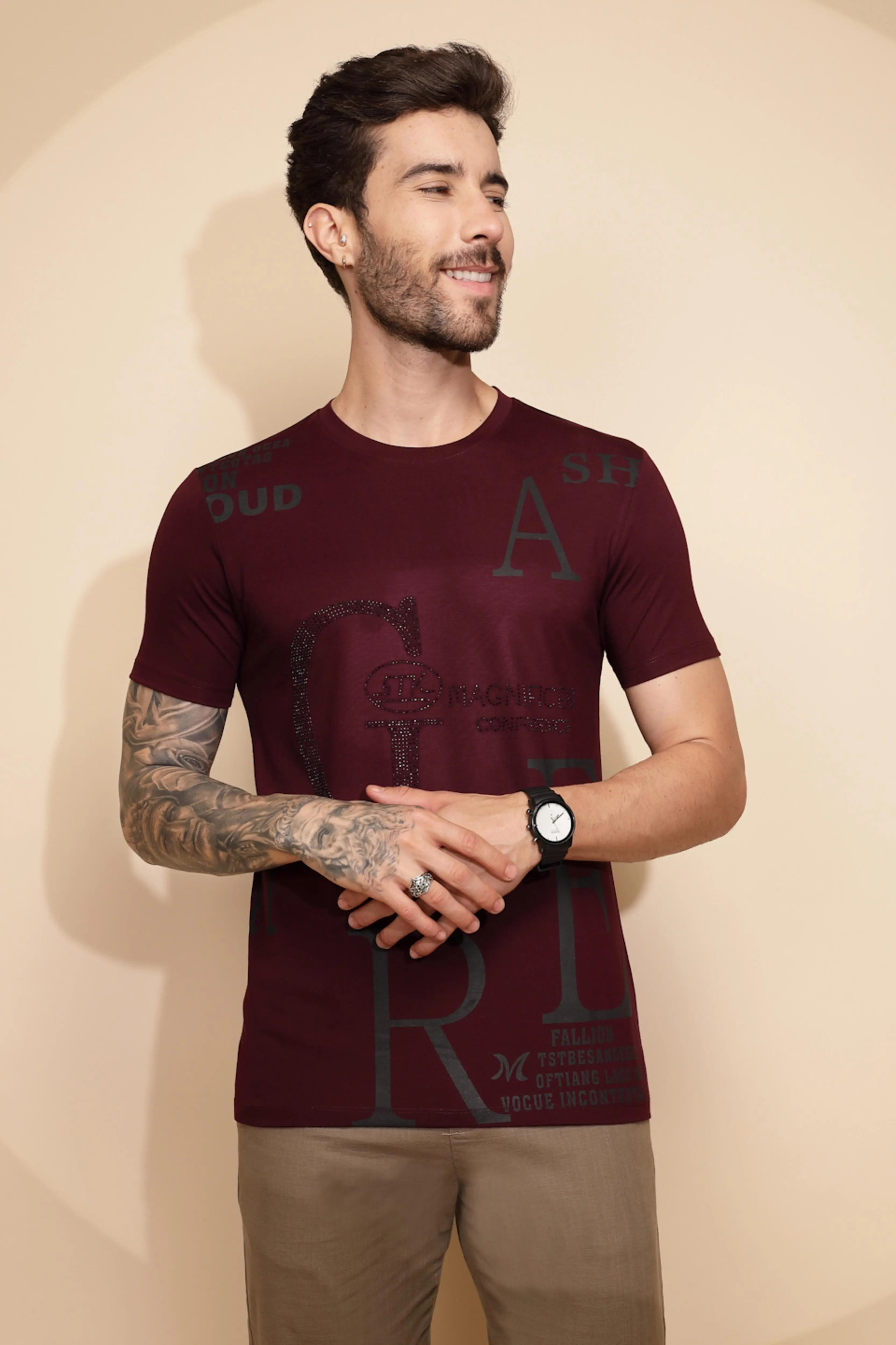 Maroon Viscose Blend Regular Fit T-Shirt For Men - Global Republic