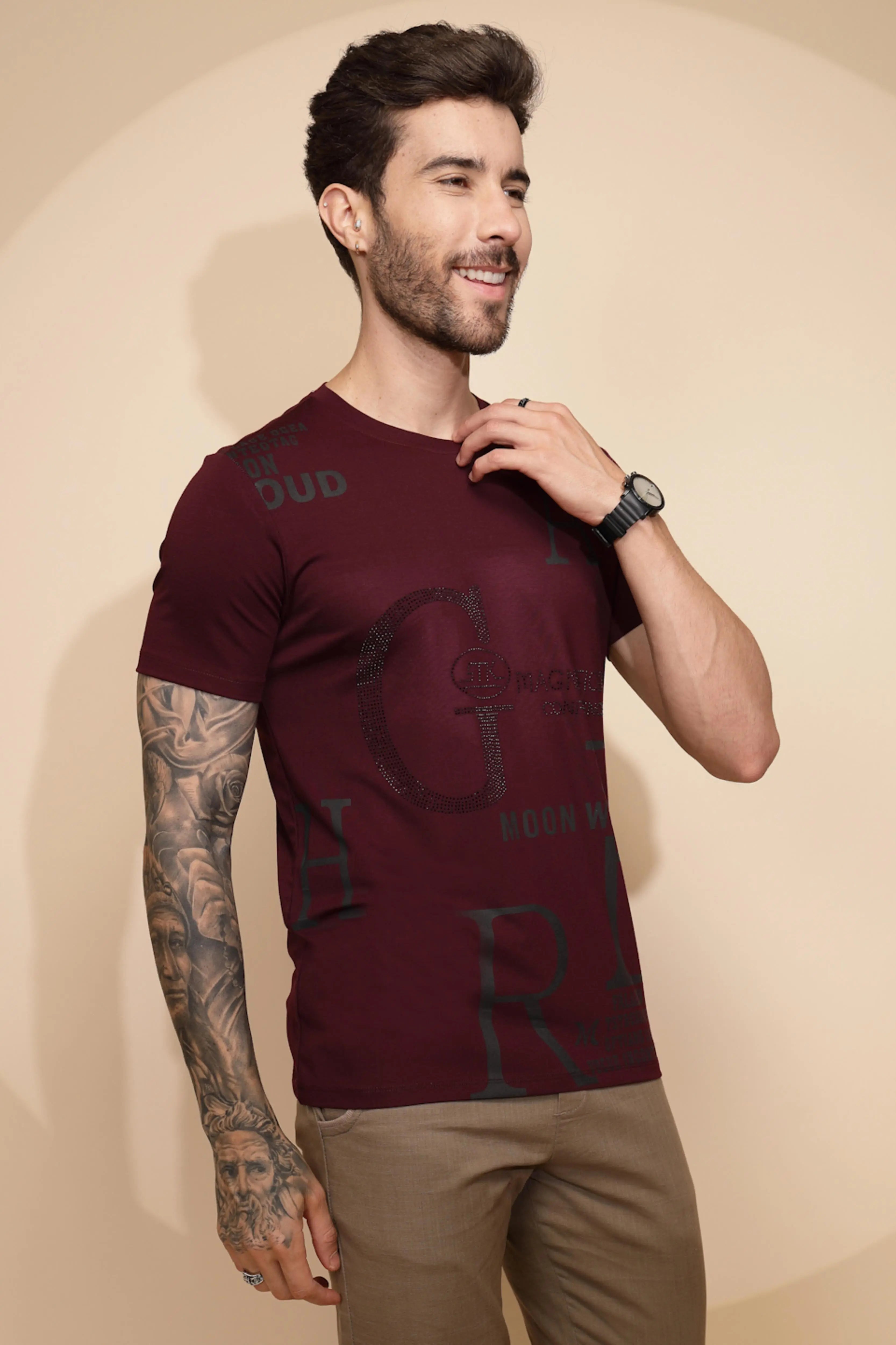 Maroon Viscose Blend Regular Fit T-Shirt For Men - Global Republic