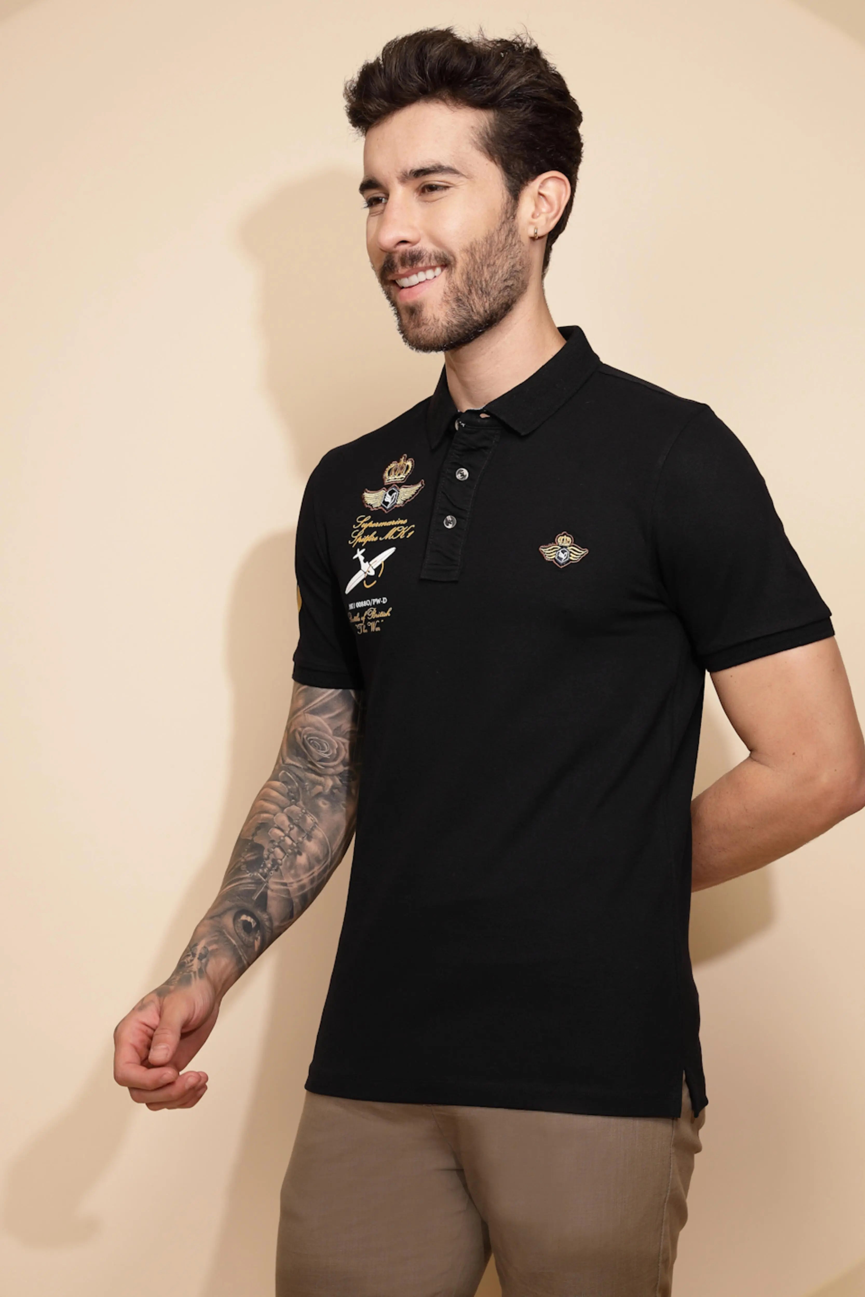 Black Cotton Blend Regular Fit T-Shirt For Men - Global Republic