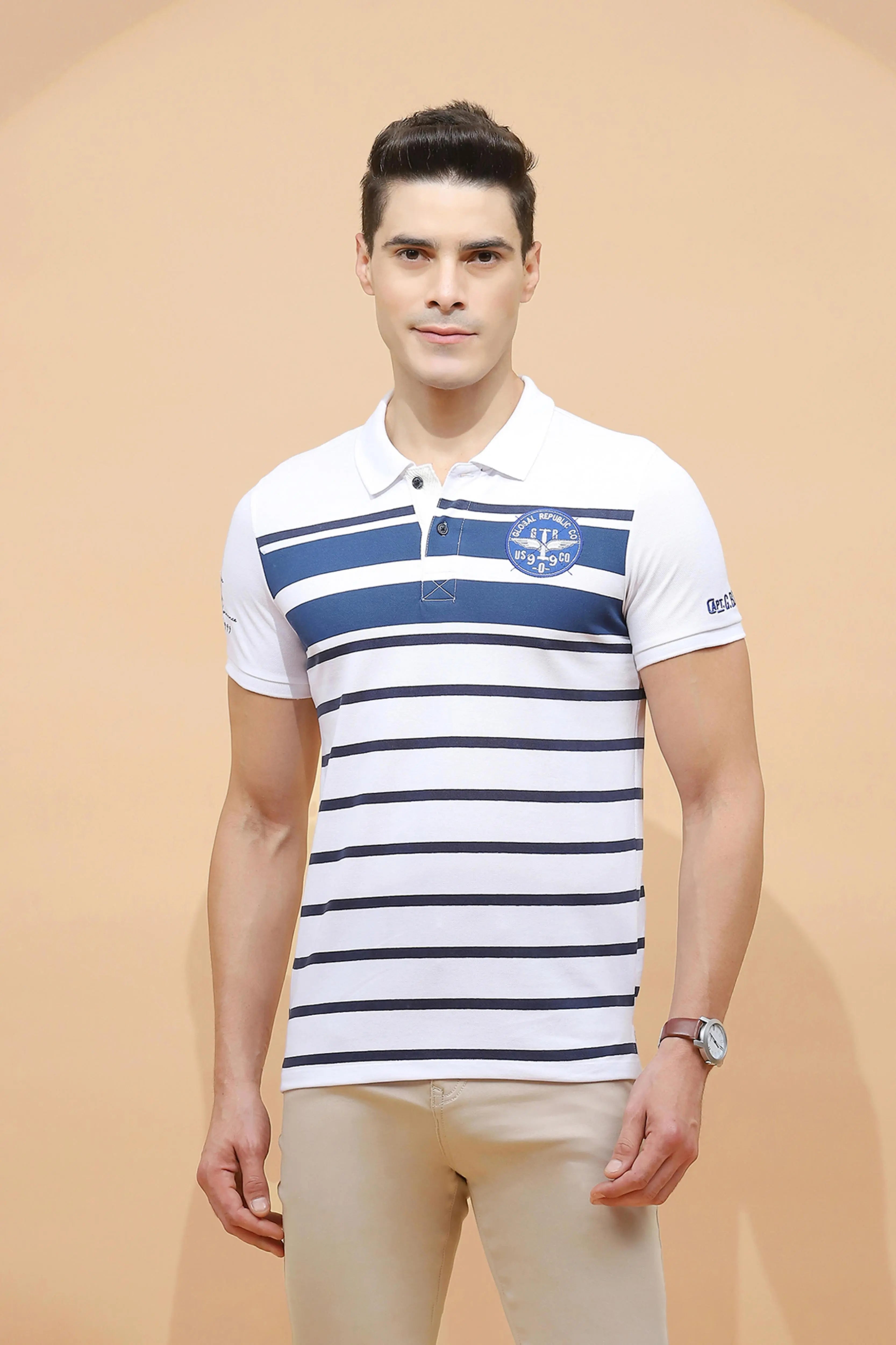 Blue cotton Regular Fit T-Shirt For Men - Global Republic
