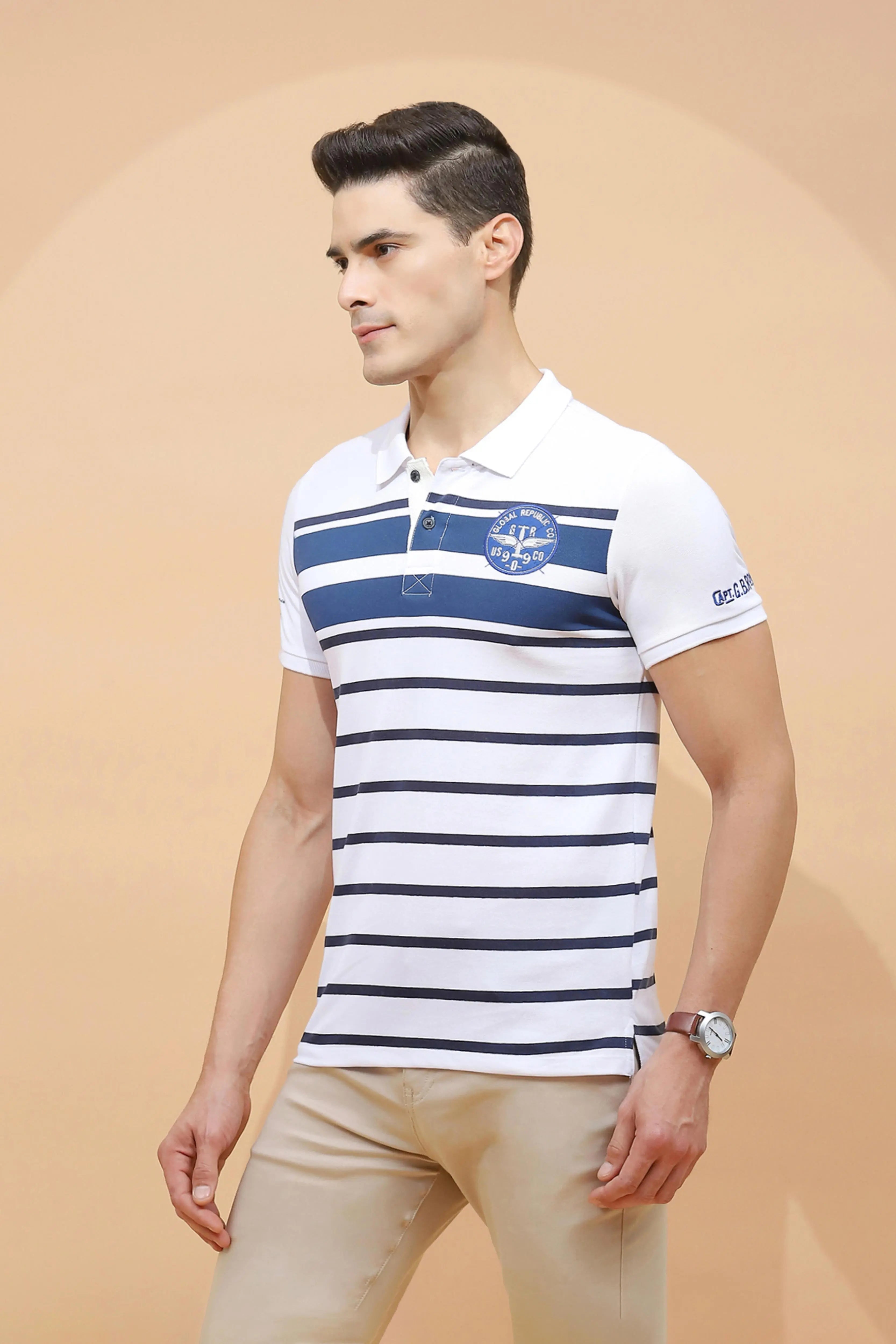Blue cotton Regular Fit T-Shirt For Men - Global Republic