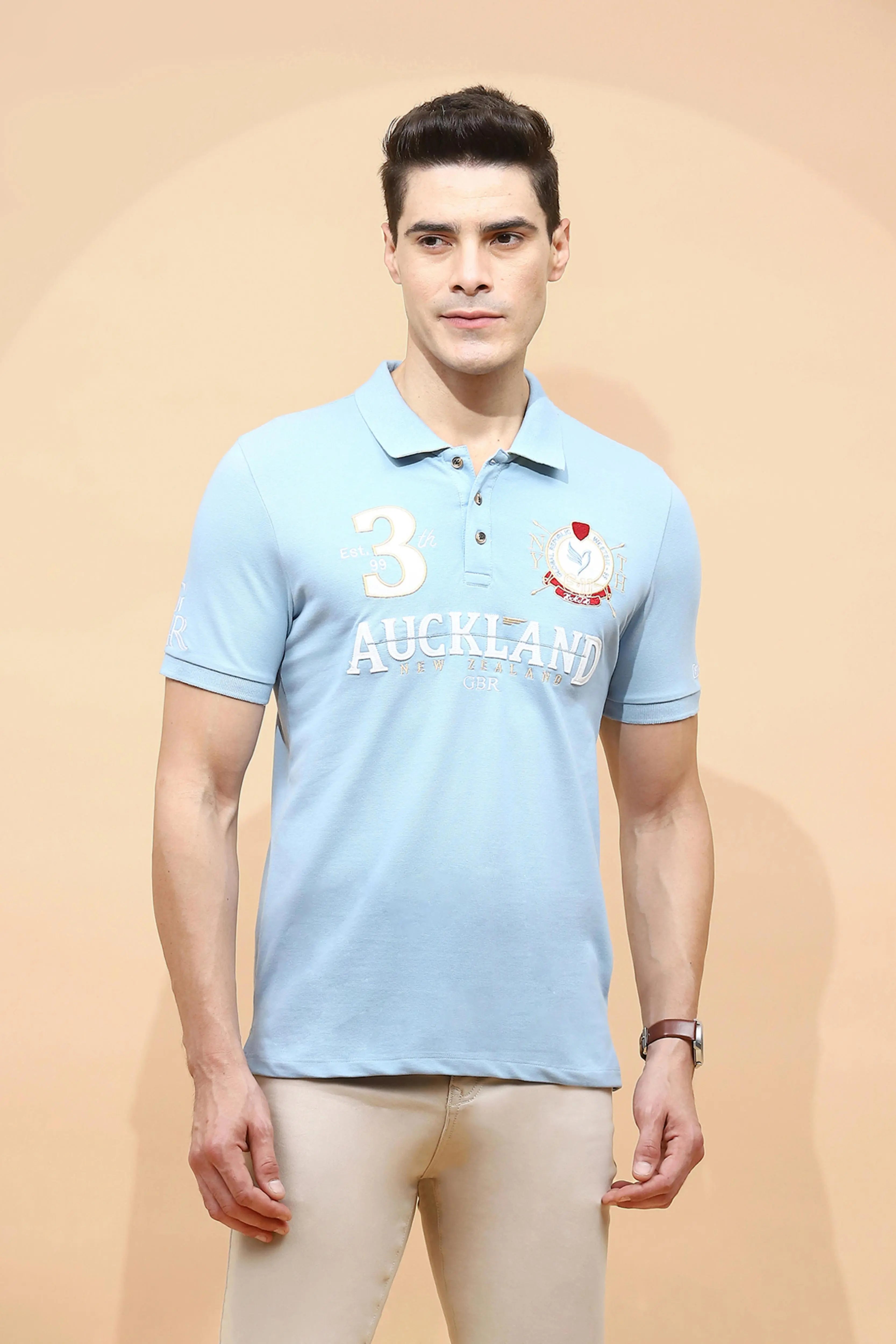 Sky Blue Cotton Blend Regular Fit T-Shirt For Men - Global Republic