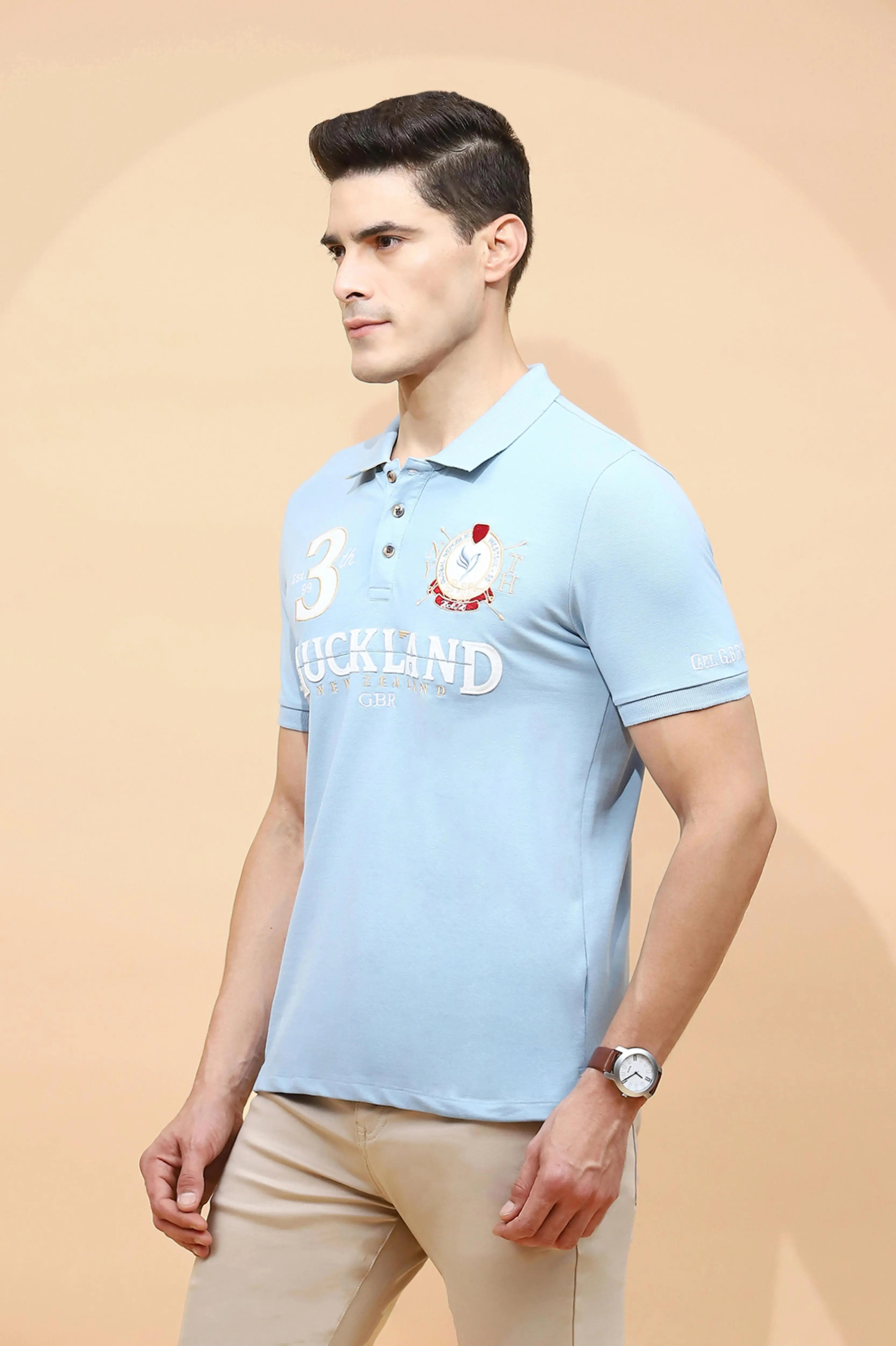 Sky Blue Cotton Blend Regular Fit T-Shirt For Men - Global Republic