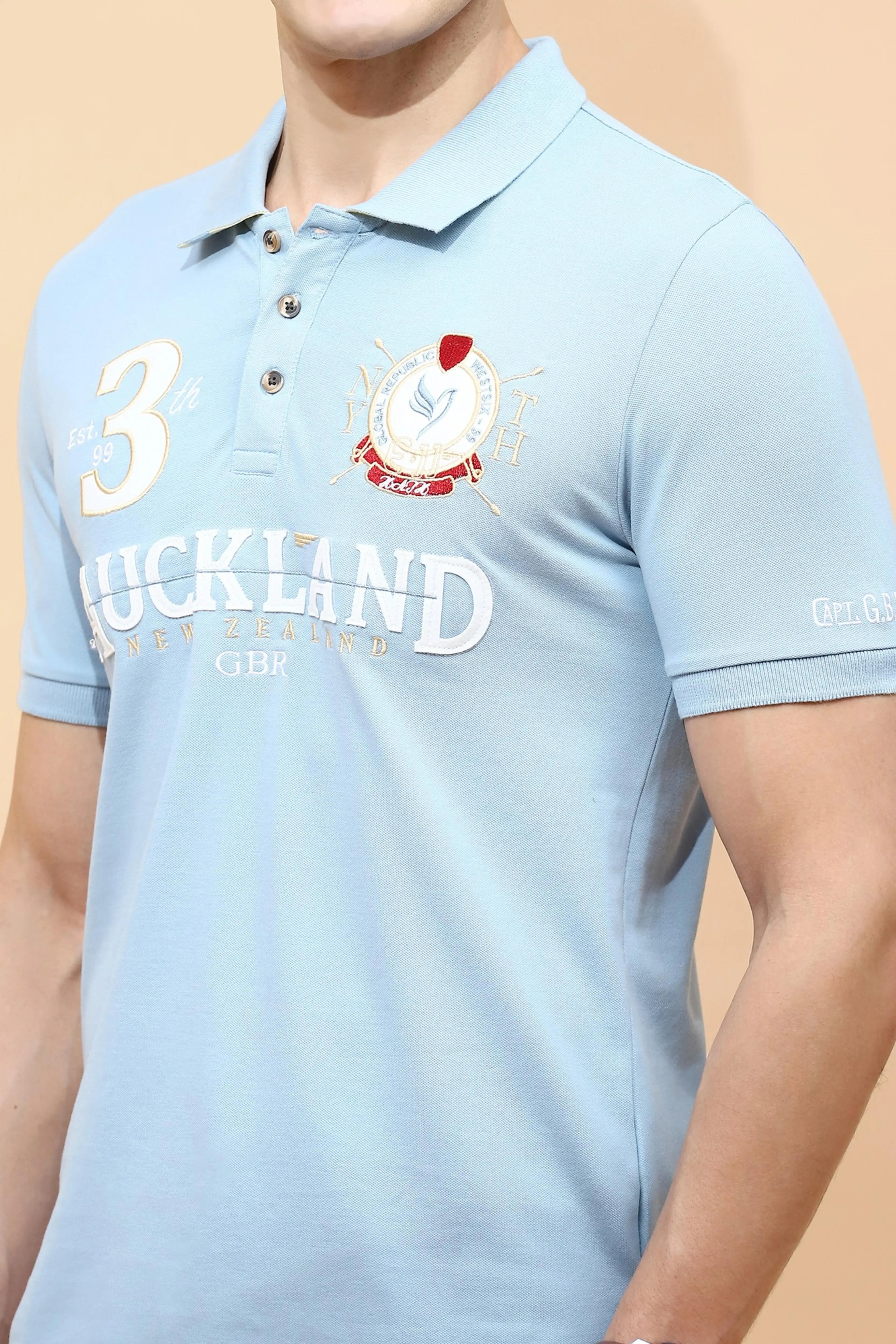 Sky Blue Cotton Blend Regular Fit T-Shirt For Men - Global Republic