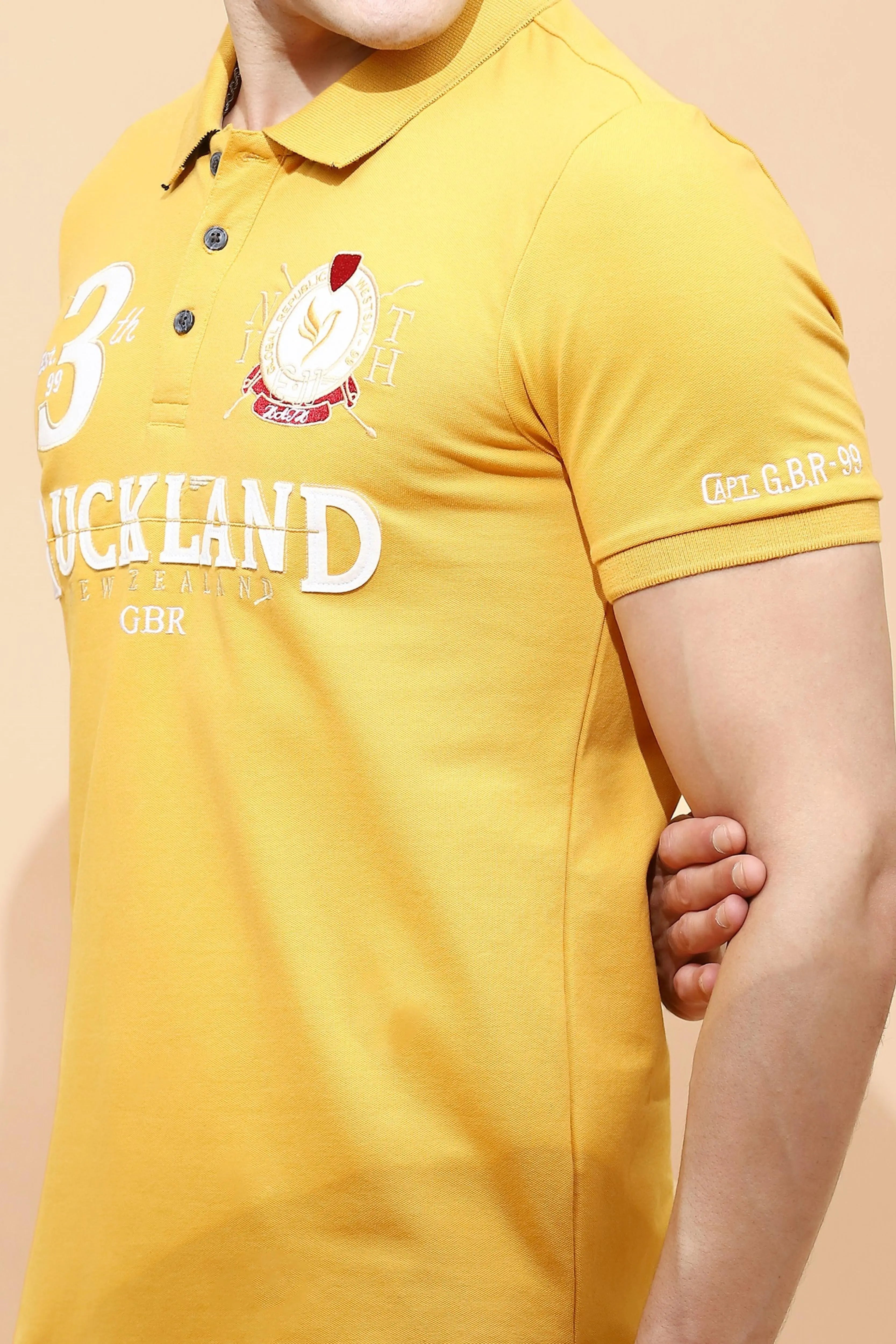 Mustard Cotton Blend Regular Fit T-Shirt For Men - Global Republic