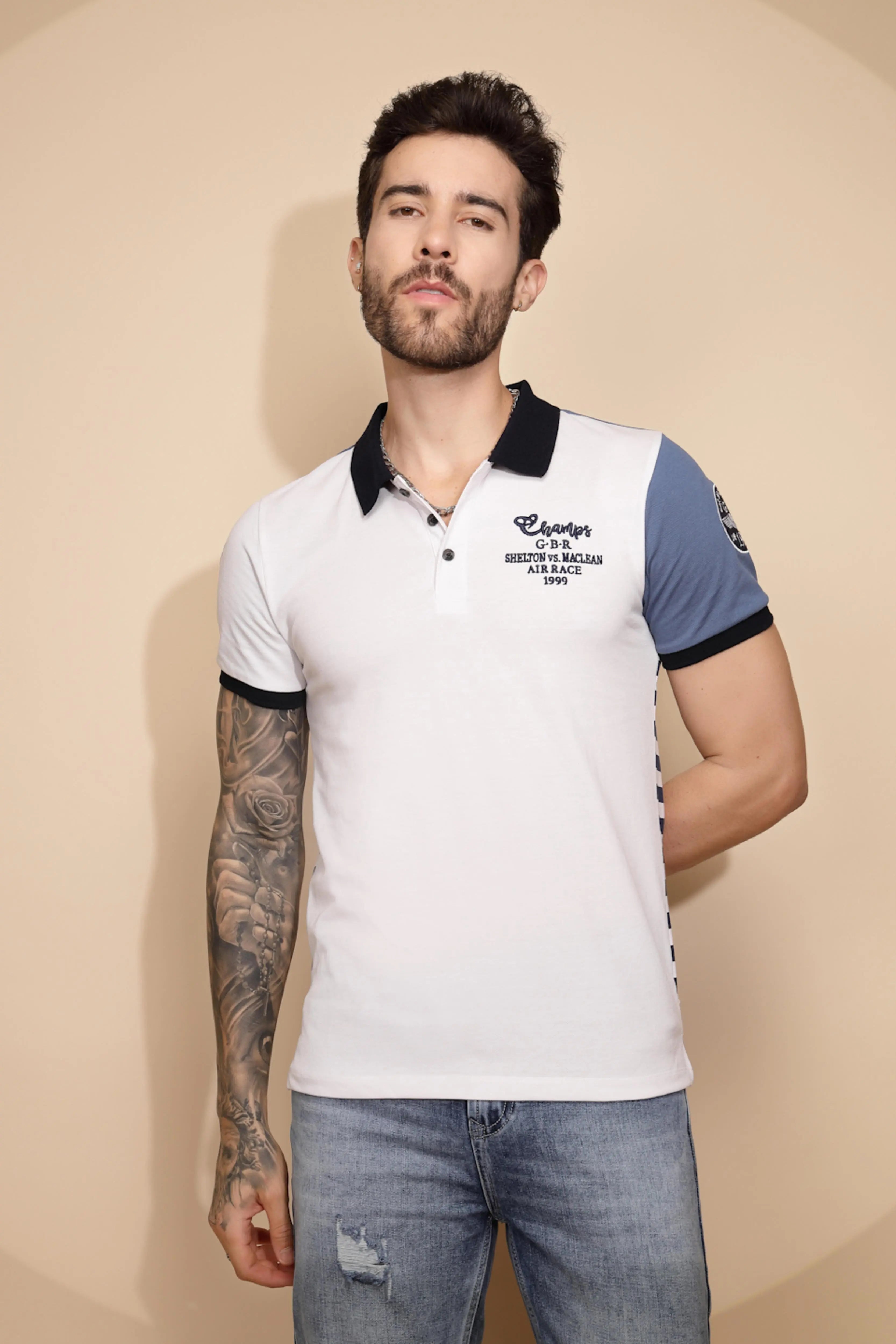 Blue Cotton Blend Regular Fit T-Shirt - Global Republic