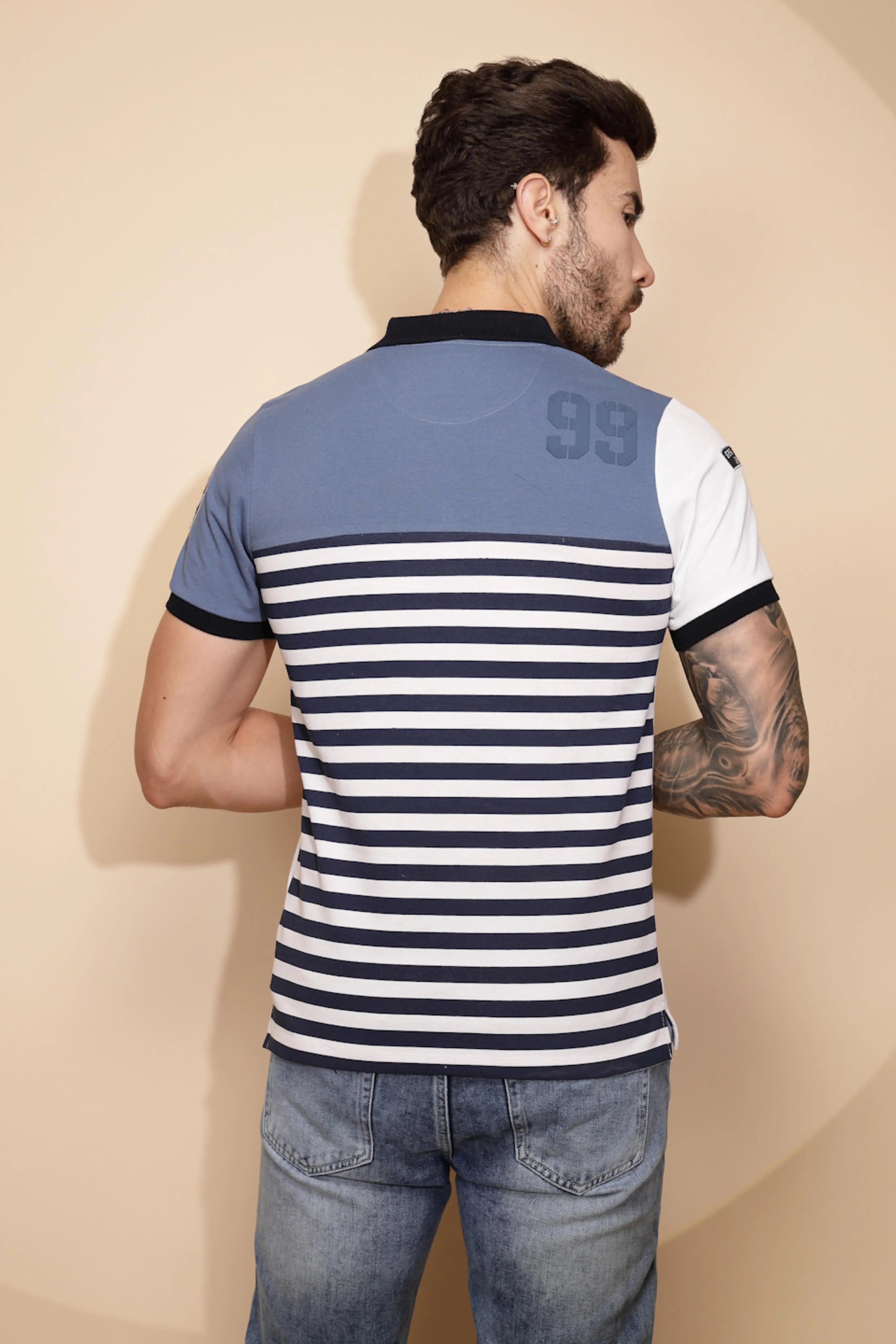 Blue Cotton Blend Regular Fit T-Shirt - Global Republic