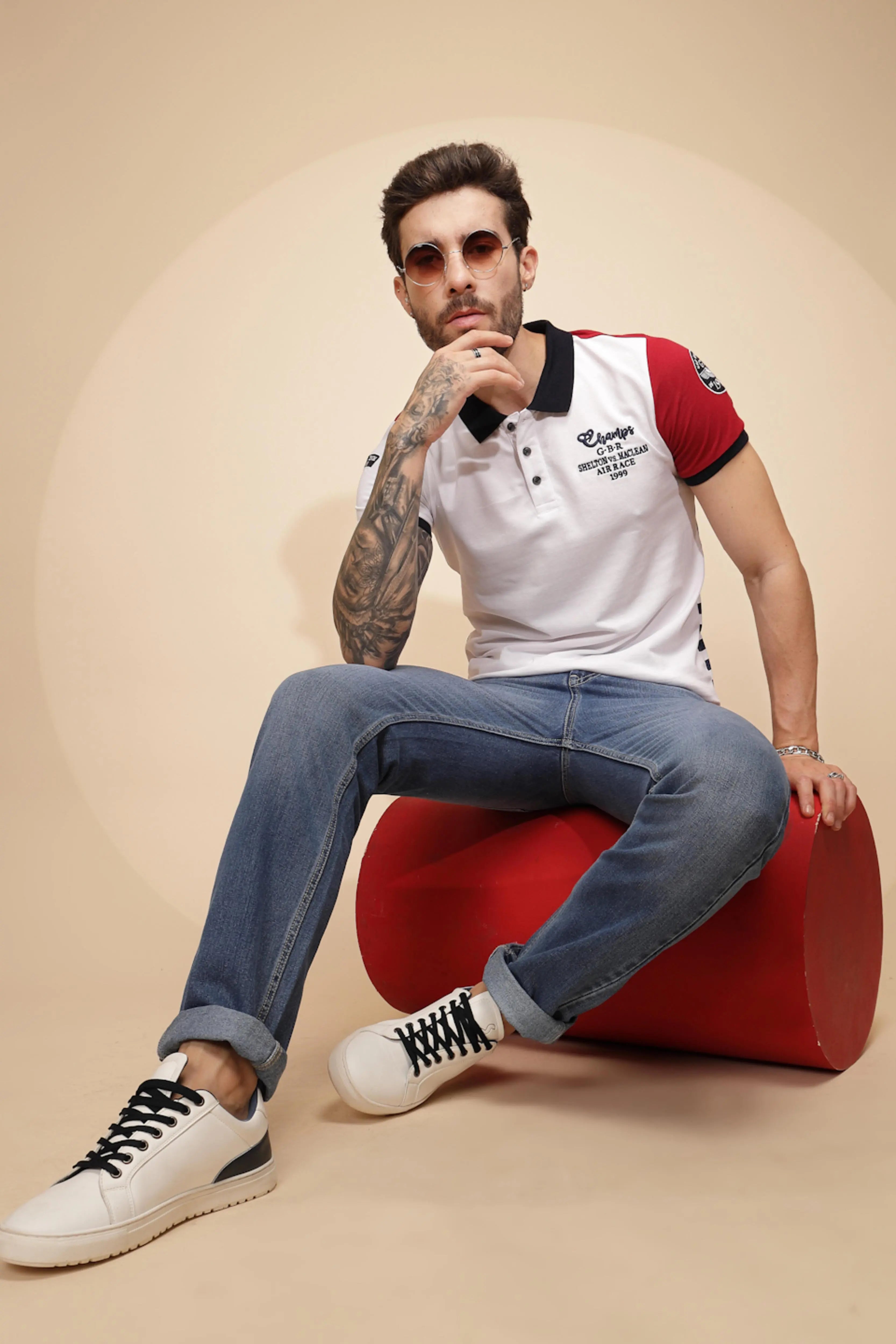 Red Cotton Blend Regular Fit T-Shirt For - Global Republic