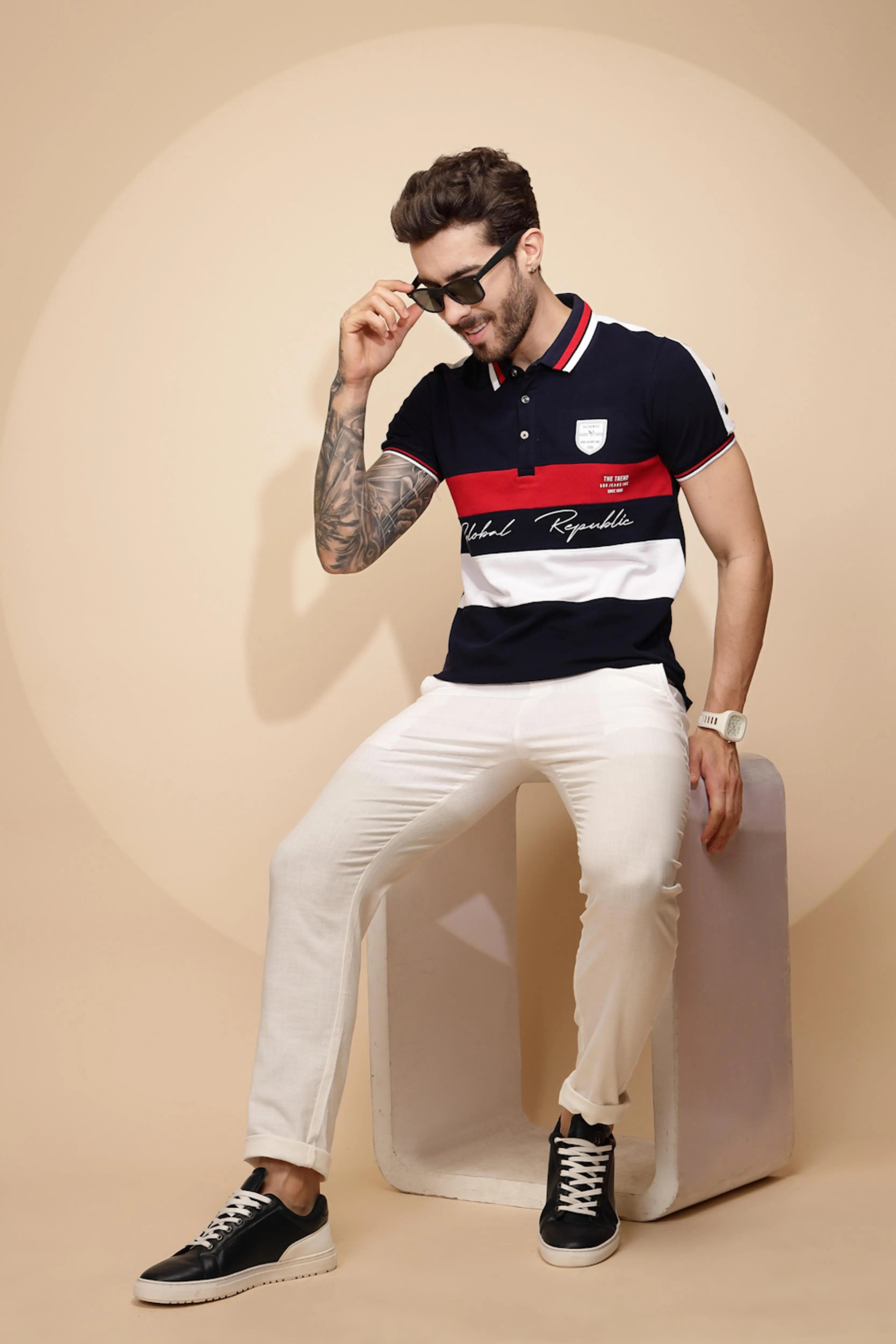 Navy Blue Cotton Regular Fit T-Shirt - Global Republic