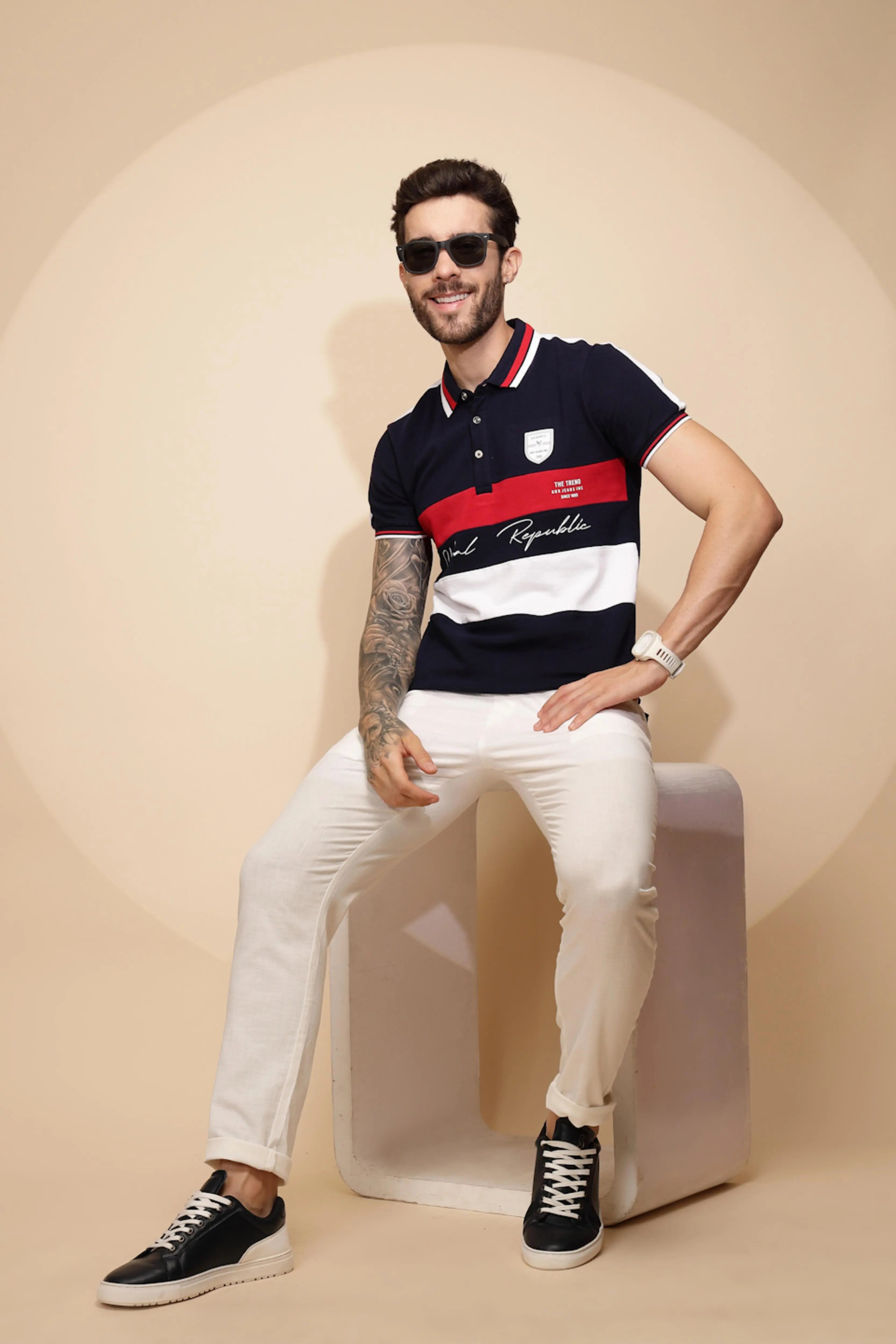 Navy Blue Cotton Regular Fit T-Shirt - Global Republic