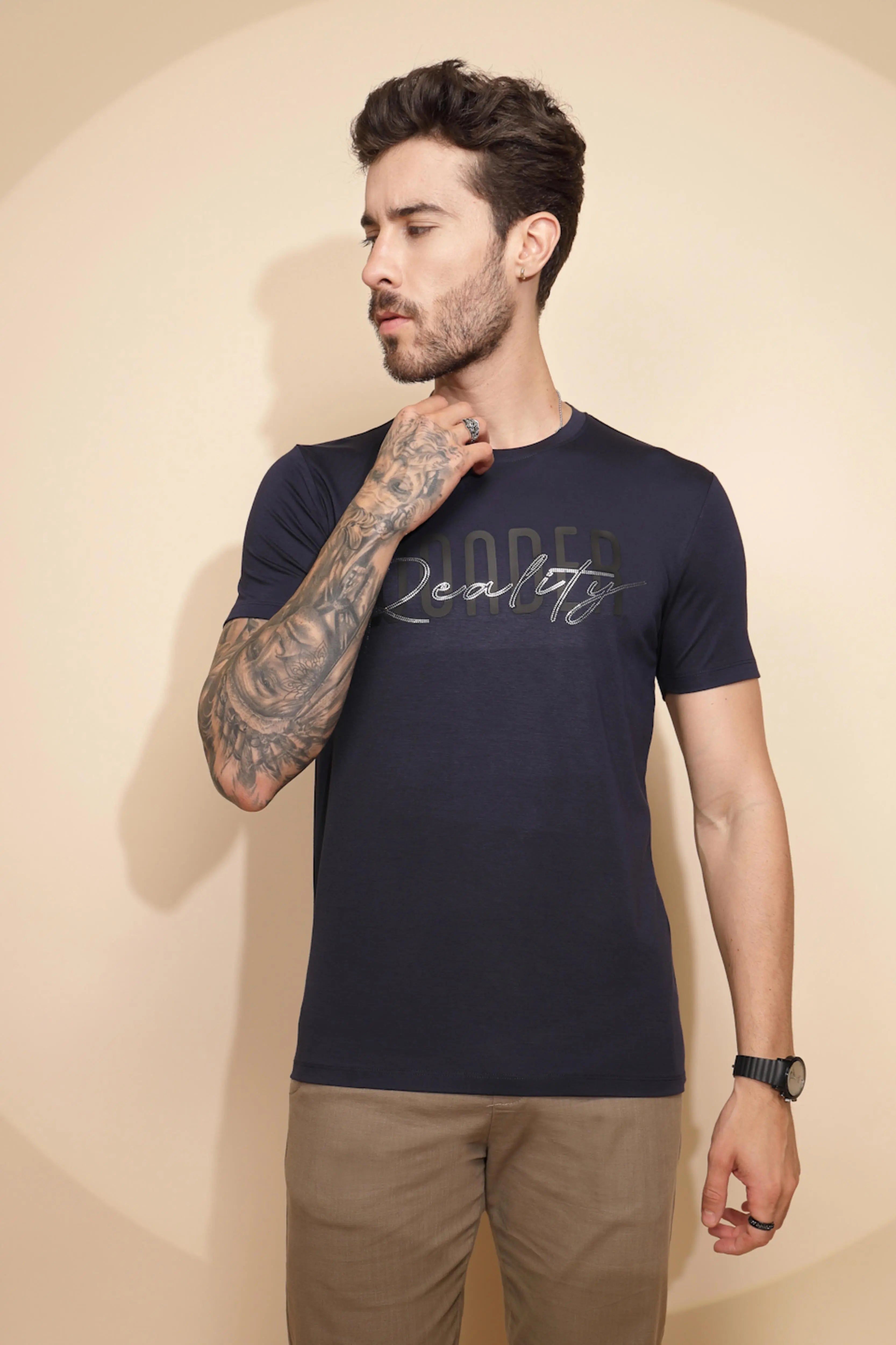Navy Blue Viscose Blend T-Shirt - Global Republic