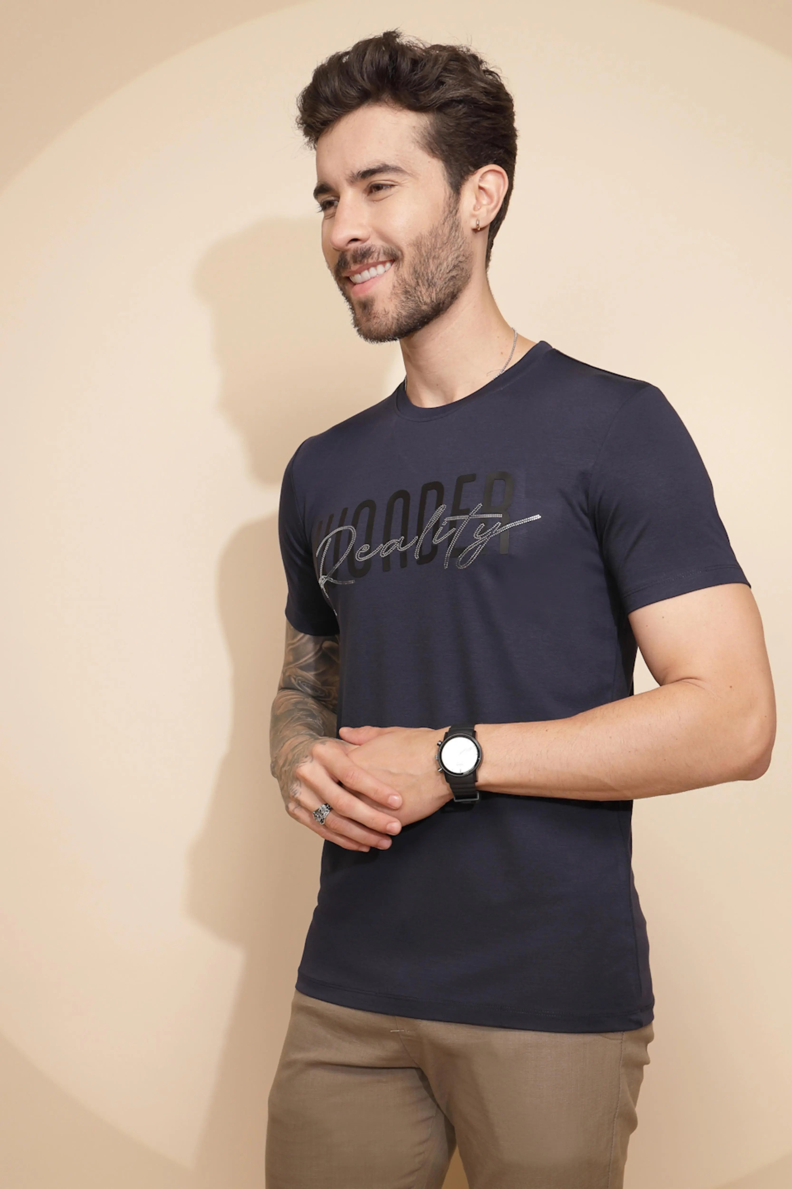 Navy Blue Viscose Blend T-Shirt - Global Republic