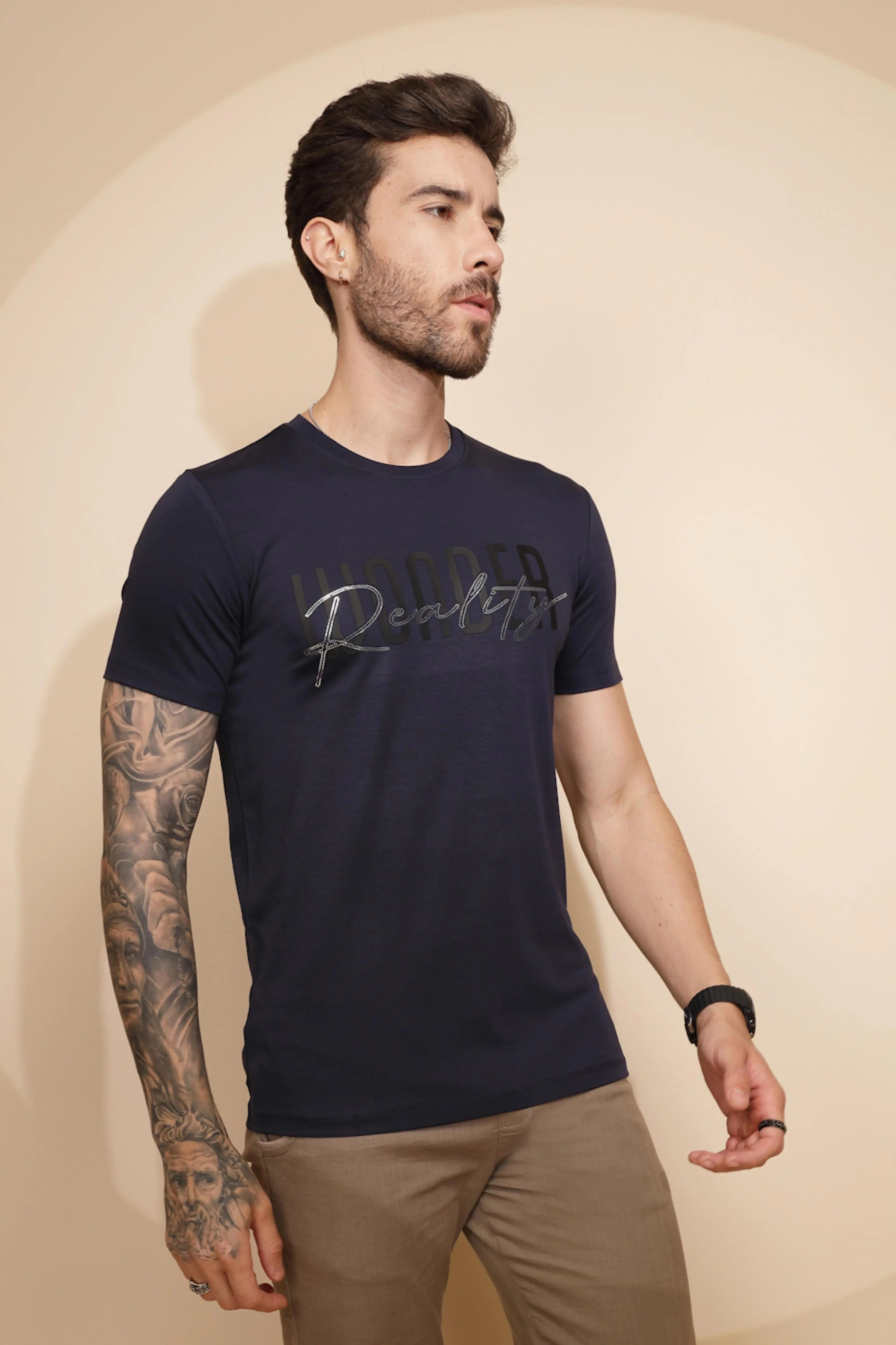 Navy Blue Viscose Blend T-Shirt - Global Republic