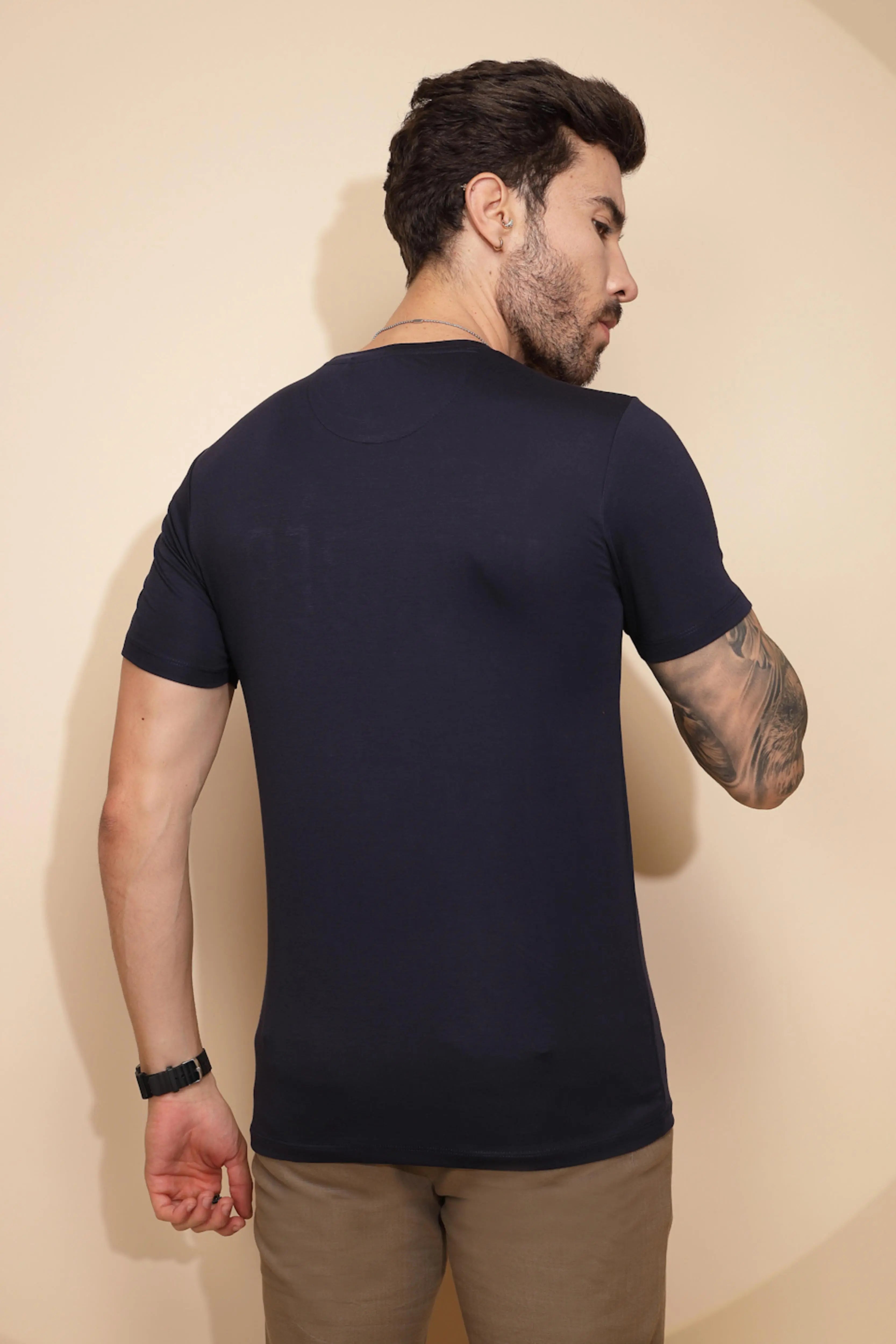 Navy Blue Viscose Blend T-Shirt - Global Republic