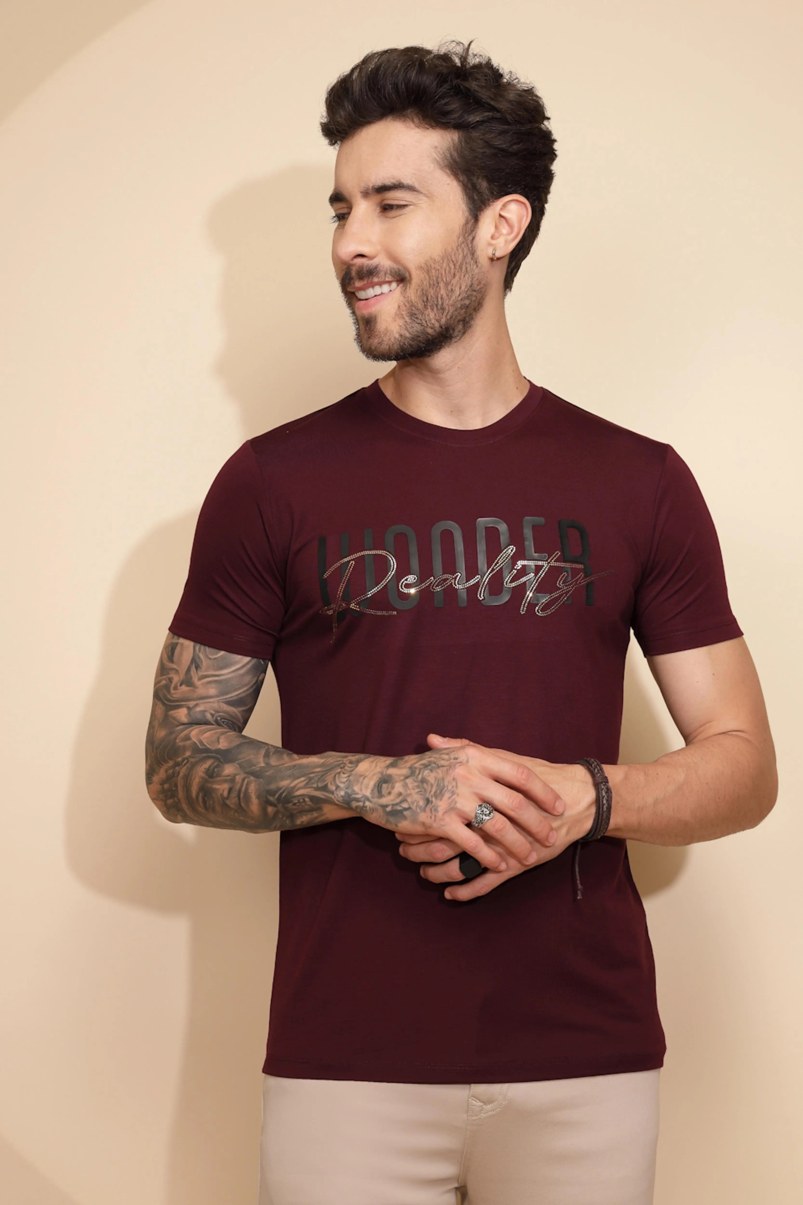 Wine Viscose Blend Blend Regular Fit T-Shirt For Men - Global Republic