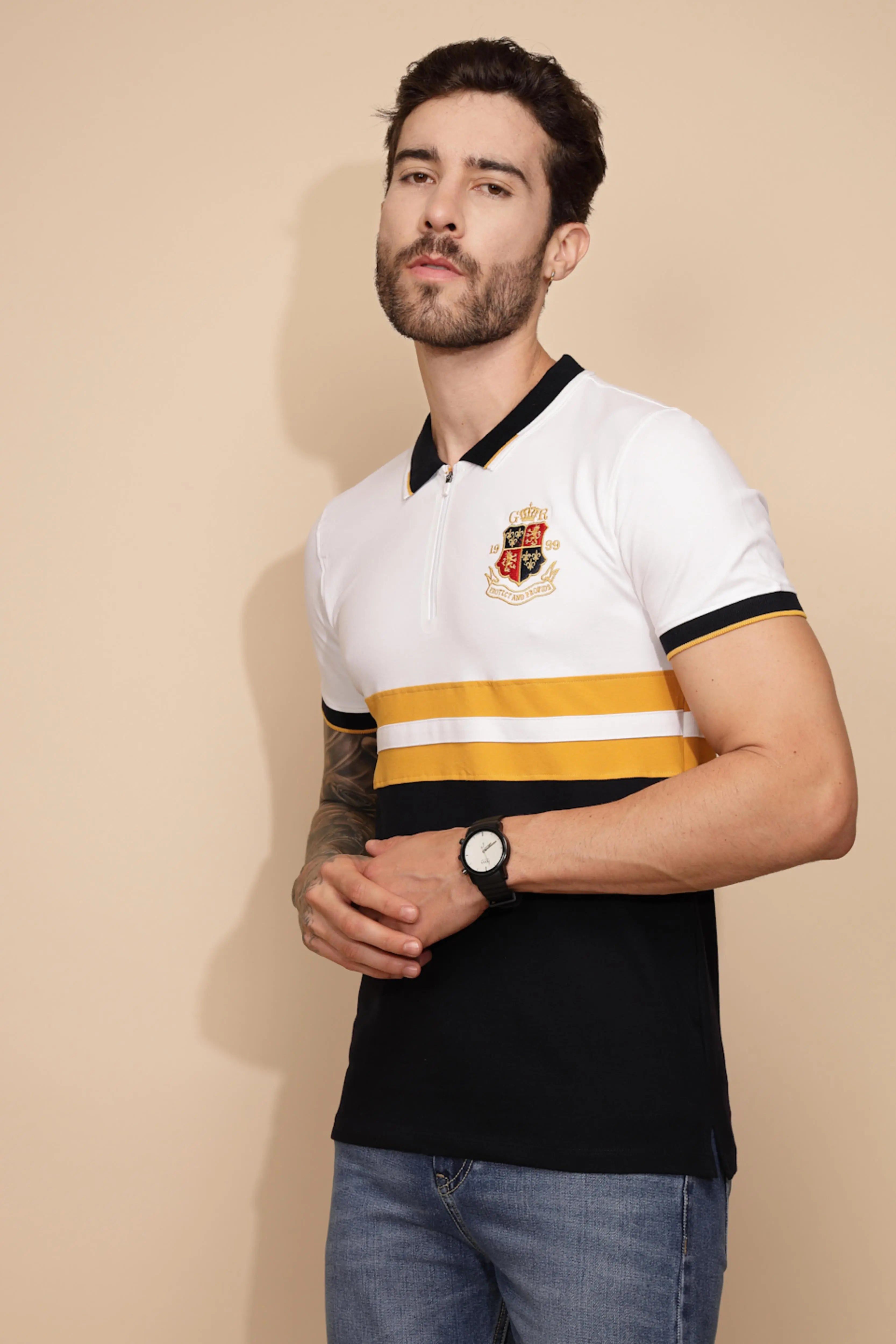 Yellow Cotton Blend Regular Fit T-Shirt For Men - Global Republic