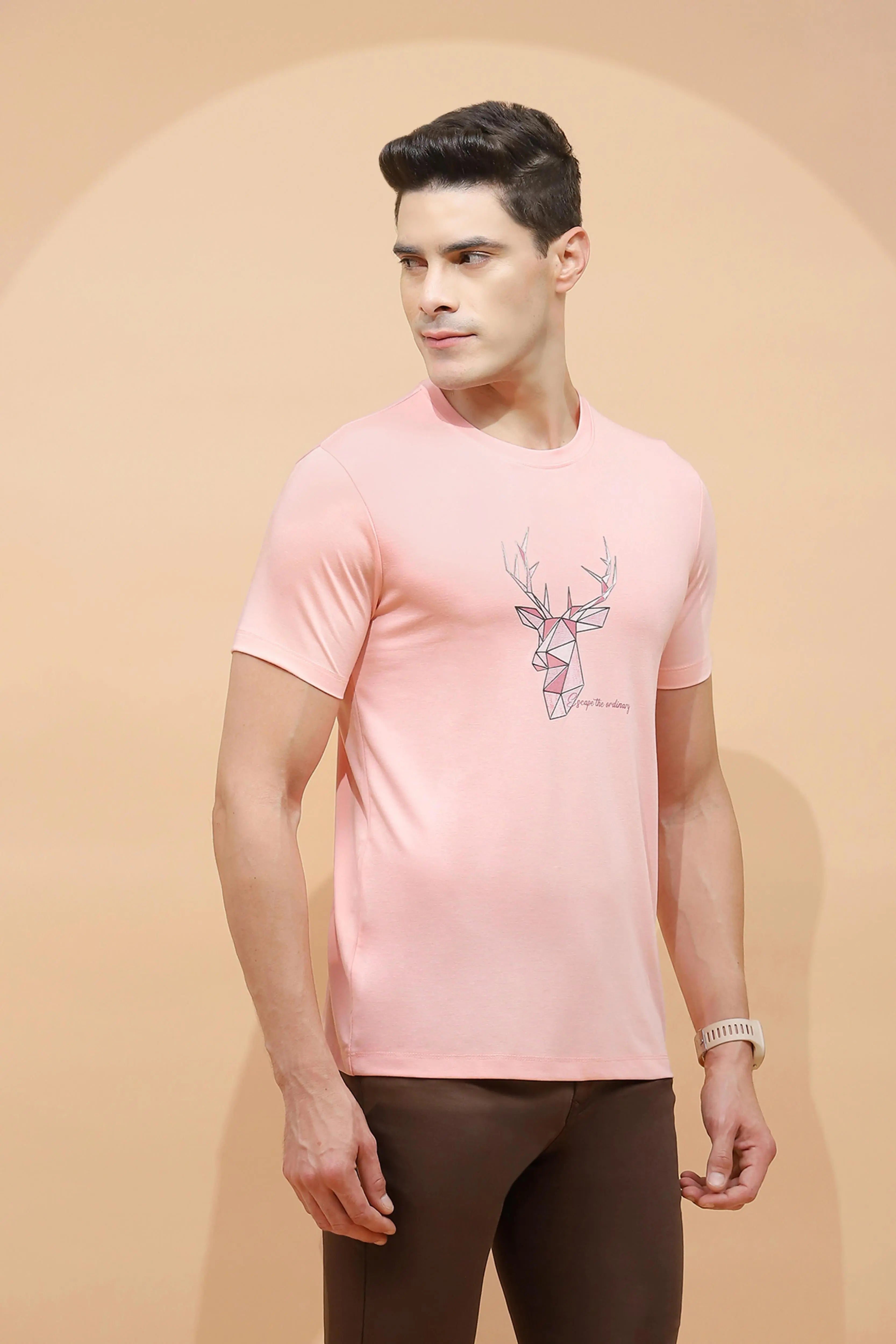 Peach Viscose  Regular Fit T-Shirt - Global Republic