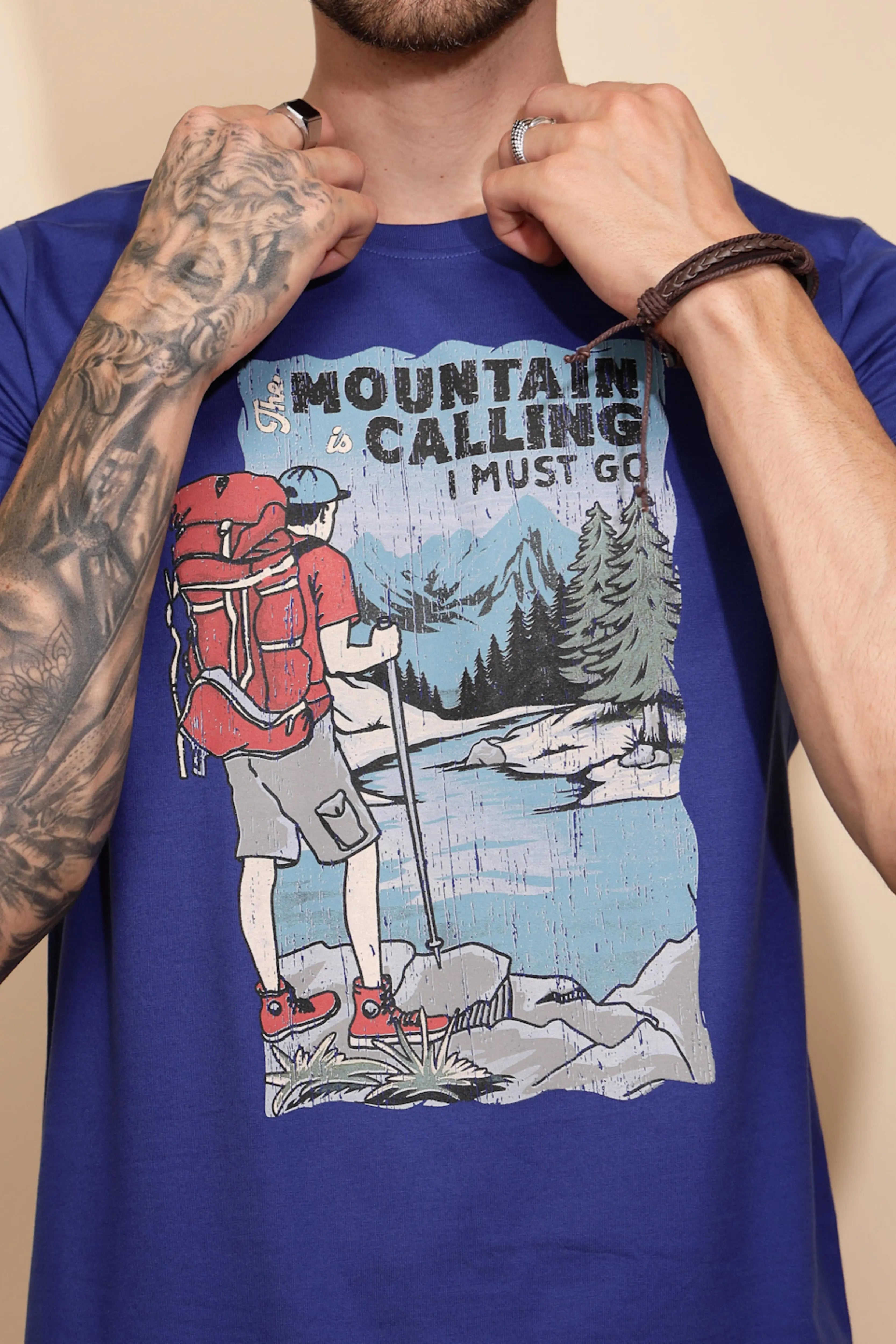 Blue Cotton Regular Fit T-Shirt For Men - Global Republic