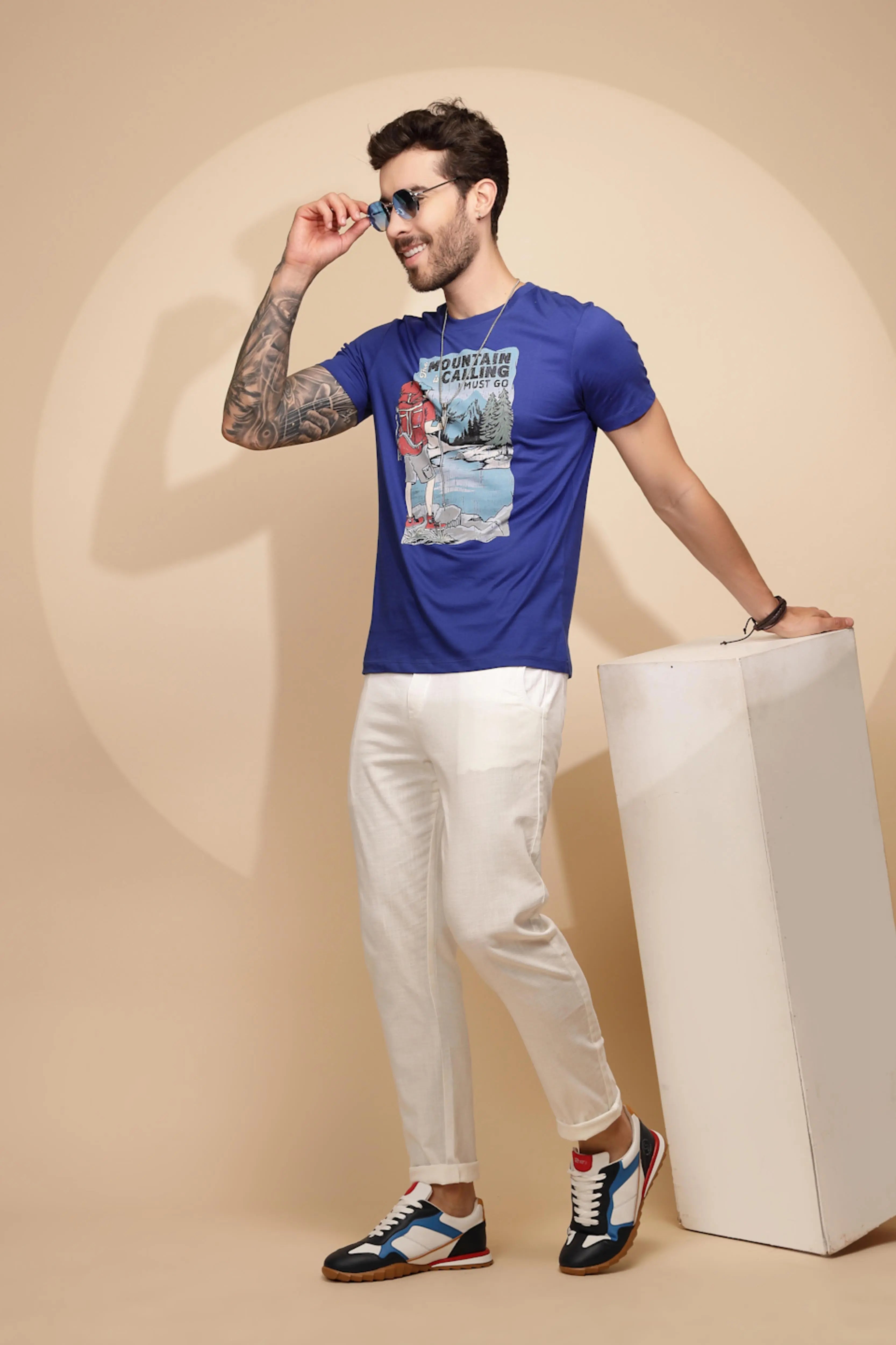 Blue Cotton Regular Fit T-Shirt For Men - Global Republic