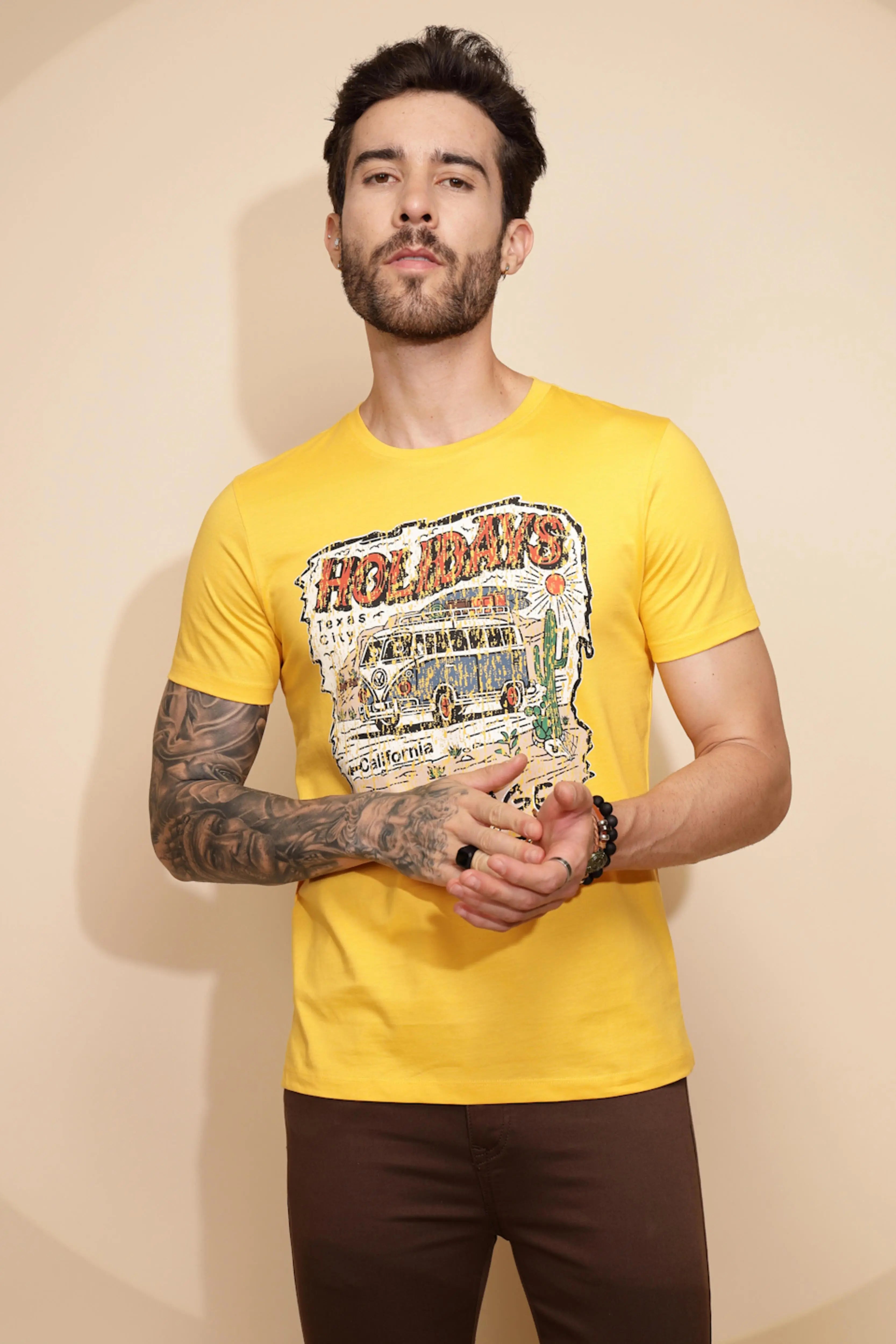 Yellow Cotton Regular Fit T-Shirt For Men - Global Republic