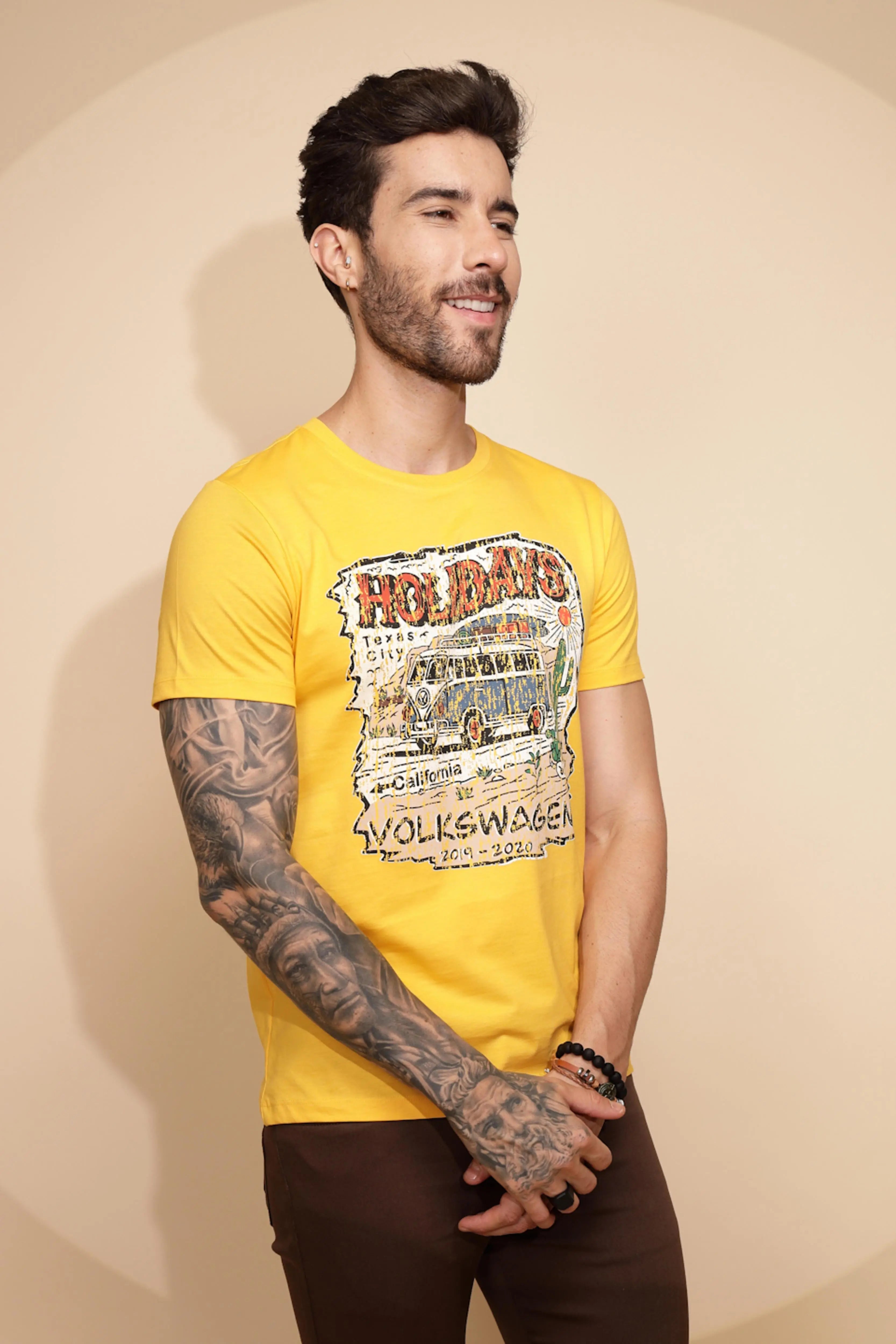 Yellow Cotton Regular Fit T-Shirt For Men - Global Republic