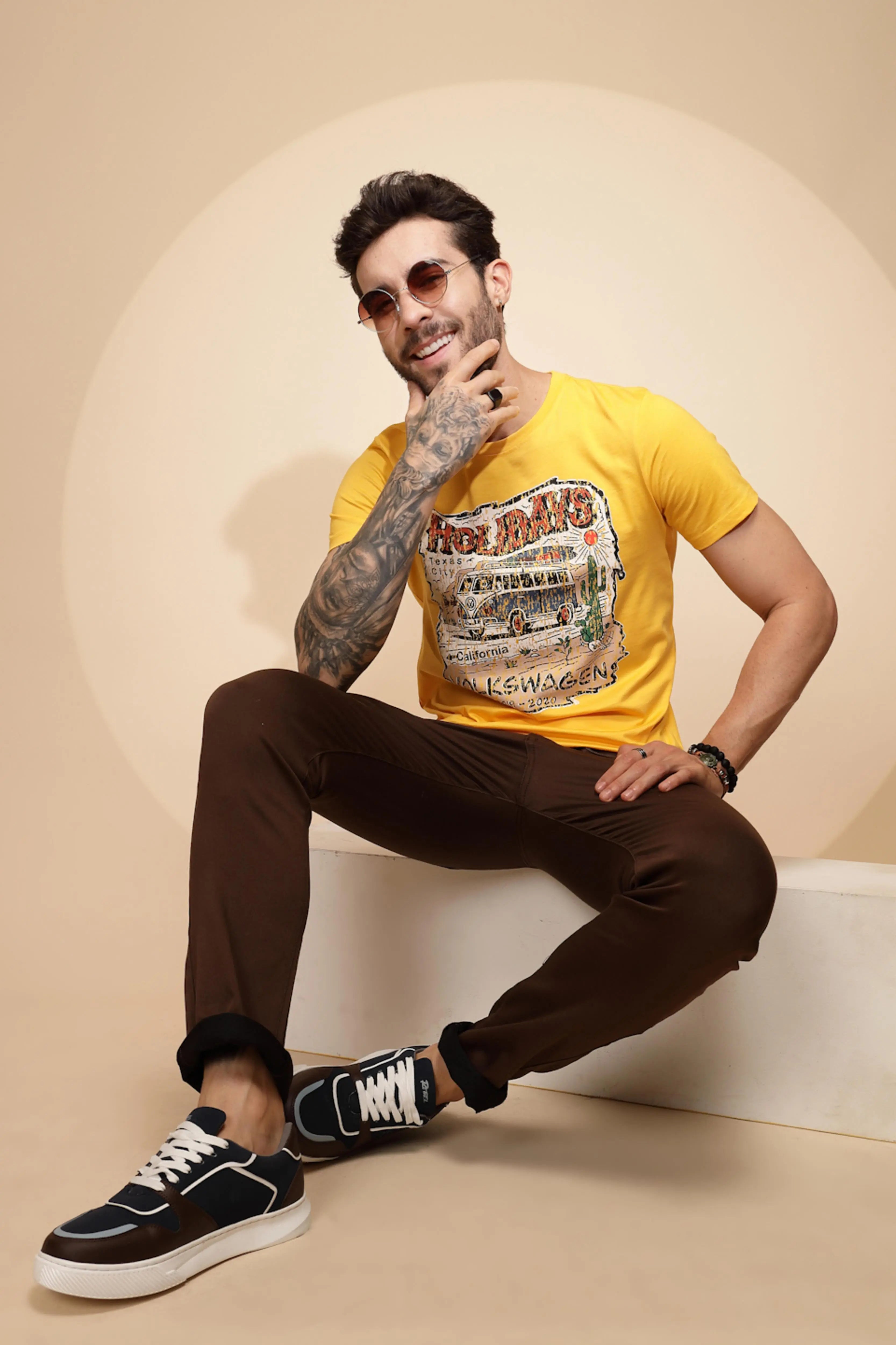 Yellow Cotton Regular Fit T-Shirt For Men - Global Republic