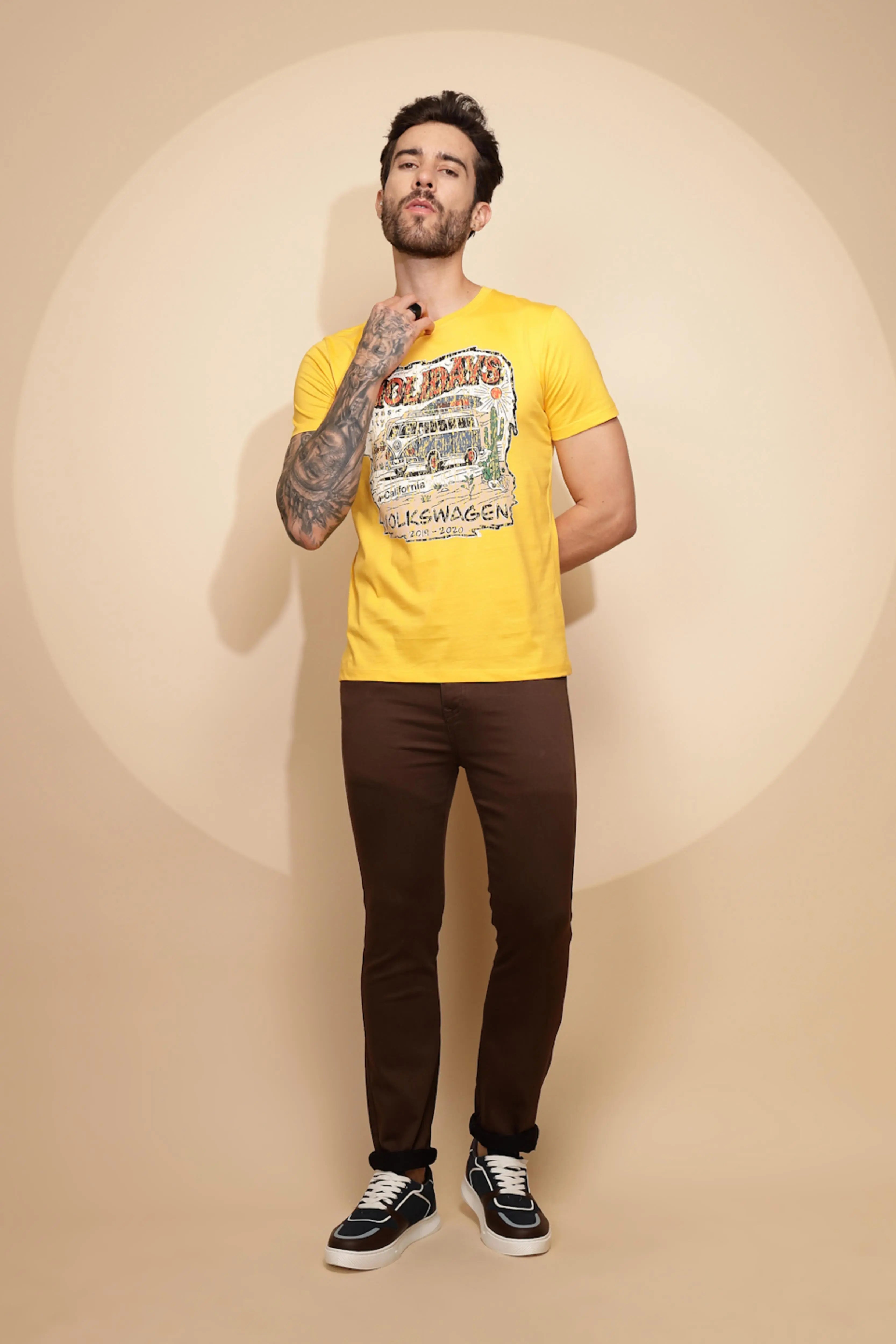 Yellow Cotton Regular Fit T-Shirt For Men - Global Republic