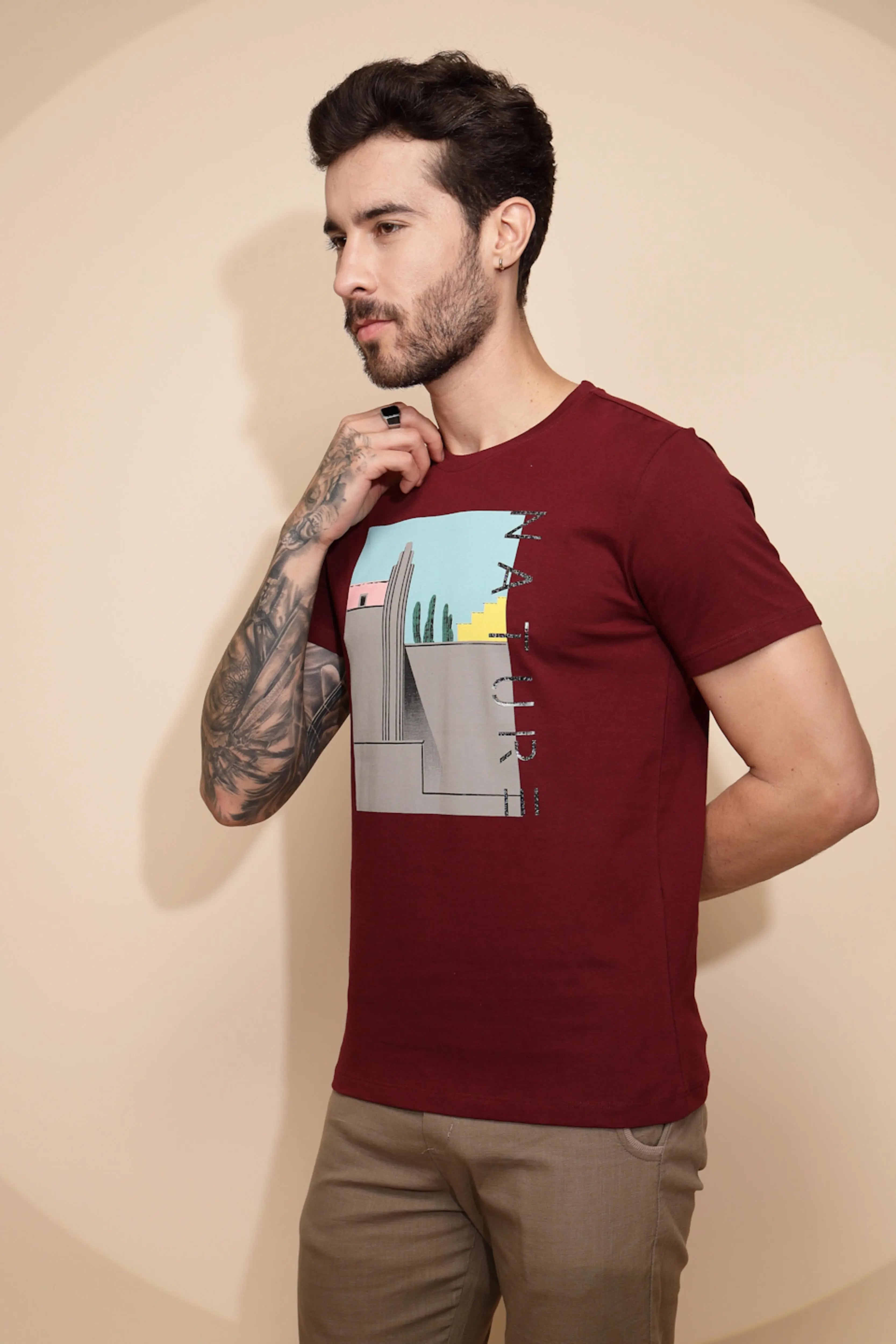 Maroon Cotton Regular Fit T-Shirt - Global Republic