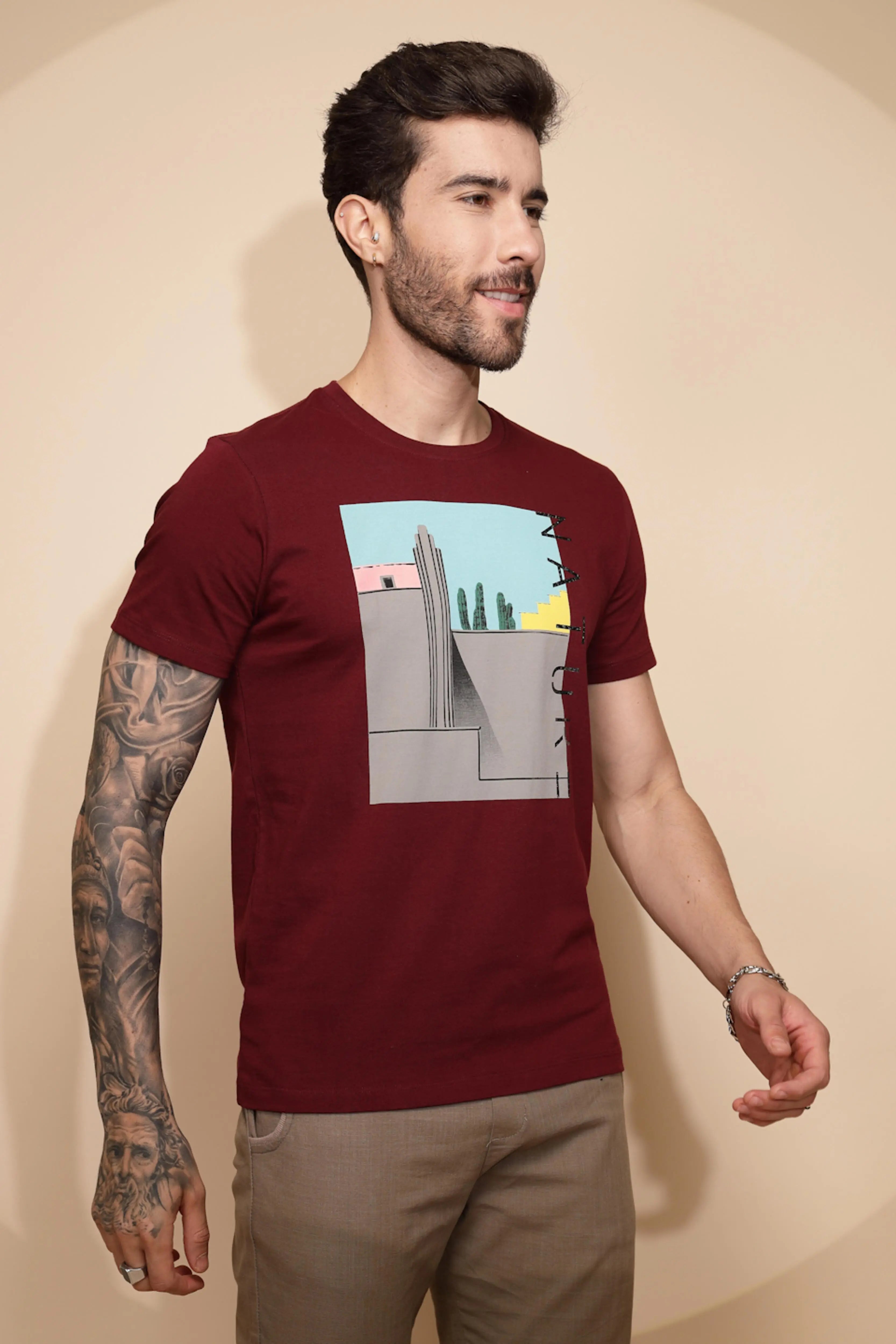 Maroon Cotton Regular Fit T-Shirt - Global Republic